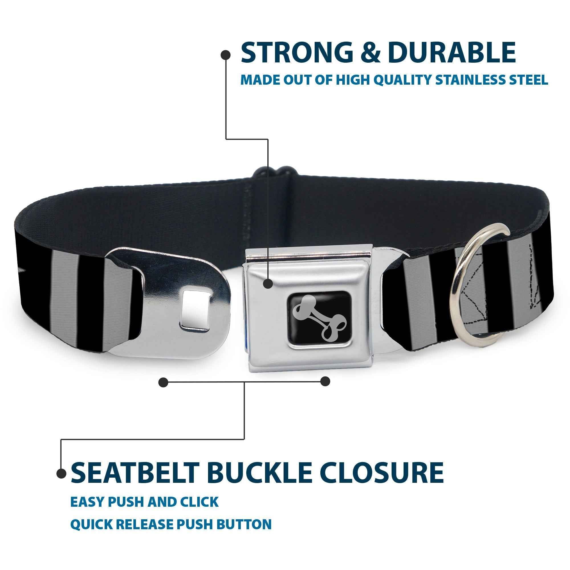 Buckle-Down Dog Bone Black/Silver Seatbelt Buckle Dog Collar - Star and Three Stripes Black/Gray