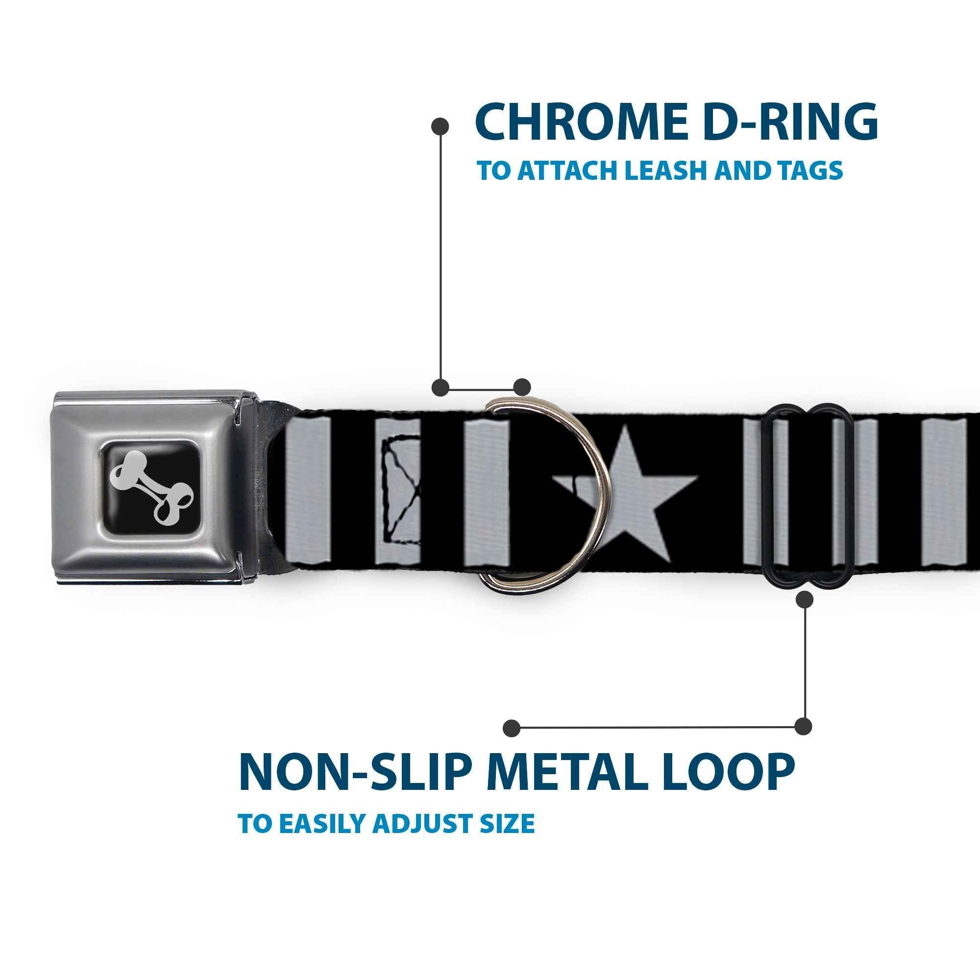 Buckle-Down Dog Bone Black/Silver Seatbelt Buckle Dog Collar - Star and Three Stripes Black/Gray