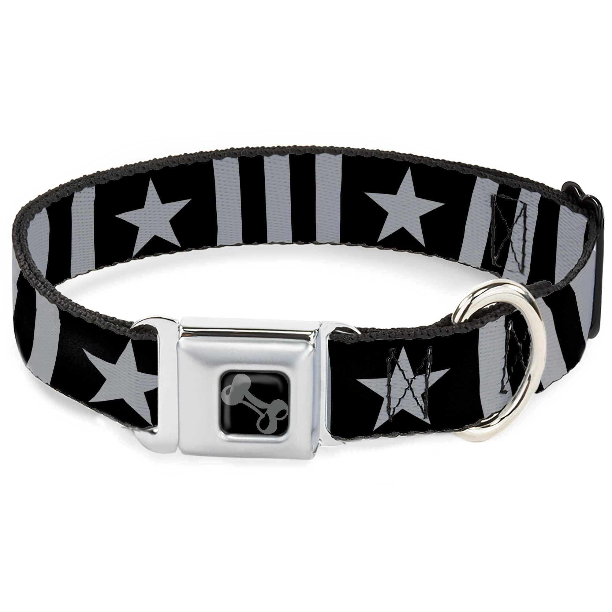 Buckle-Down Dog Bone Black/Silver Seatbelt Buckle Dog Collar - Star and Three Stripes Black/Gray