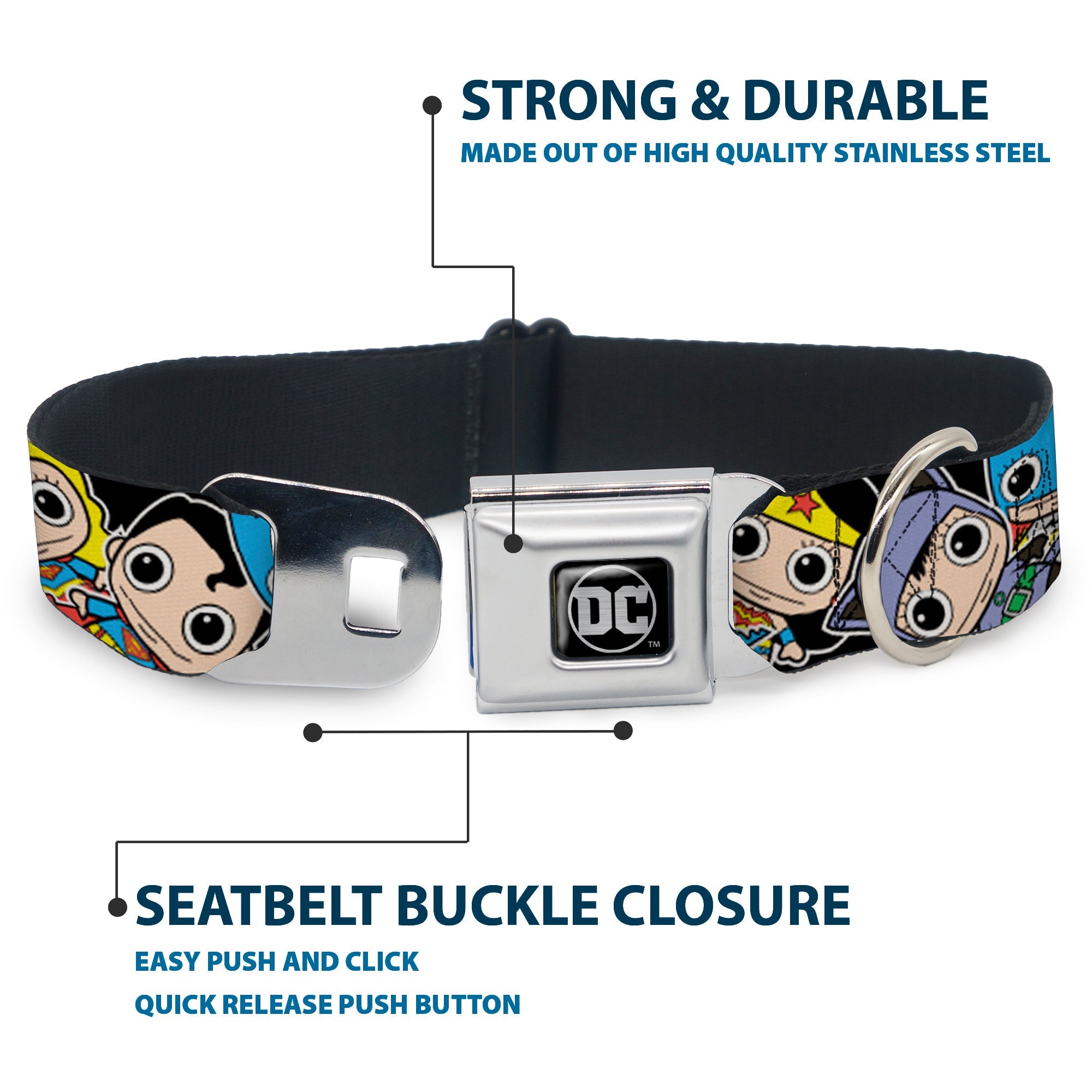 DC Round Logo Black/Silver Seatbelt Buckle Collar - DC Mini Group Stacked Black