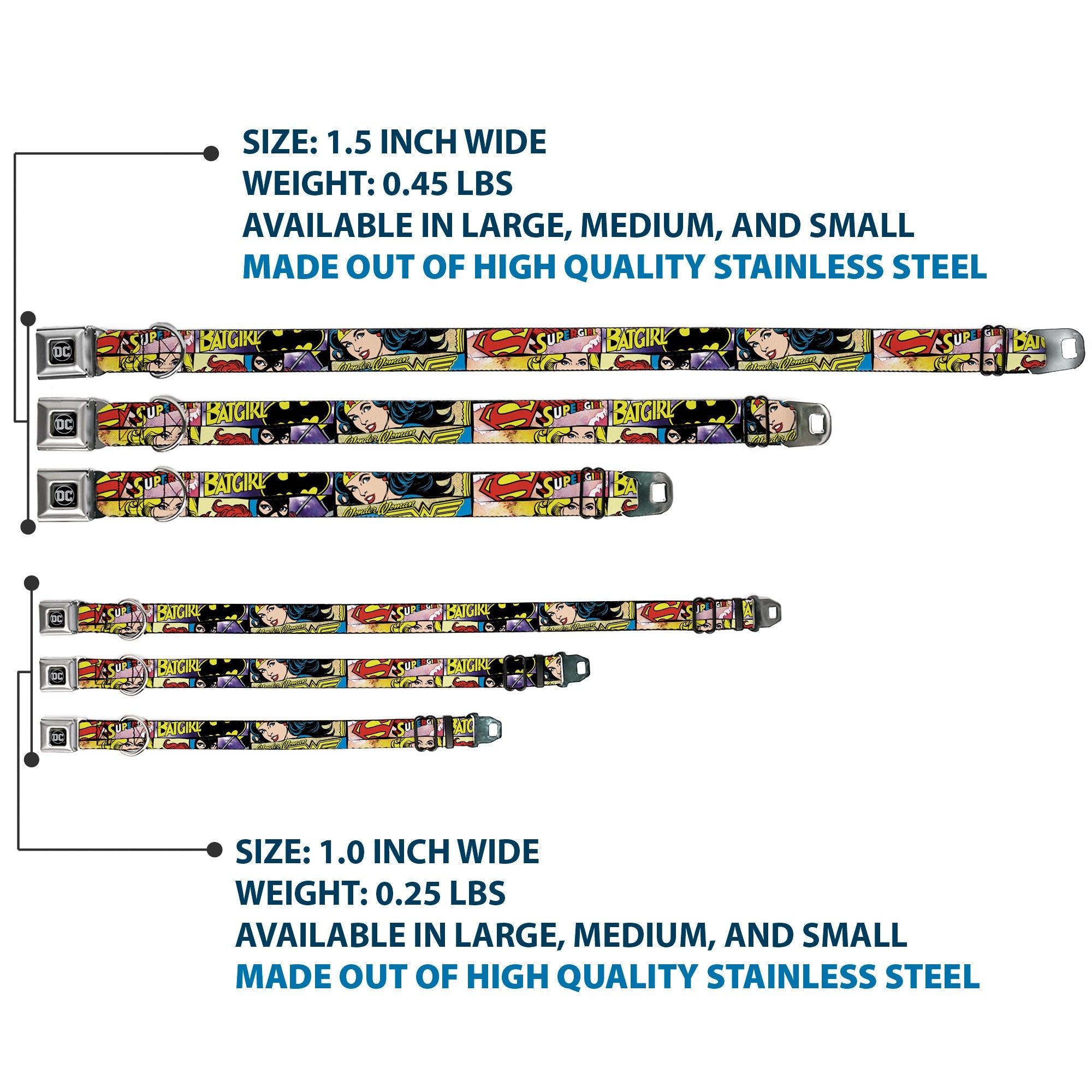 DC Round Logo Black/Silver Seatbelt Buckle Collar - Superheroines Wonder Woman/Supergirl/Batgirl