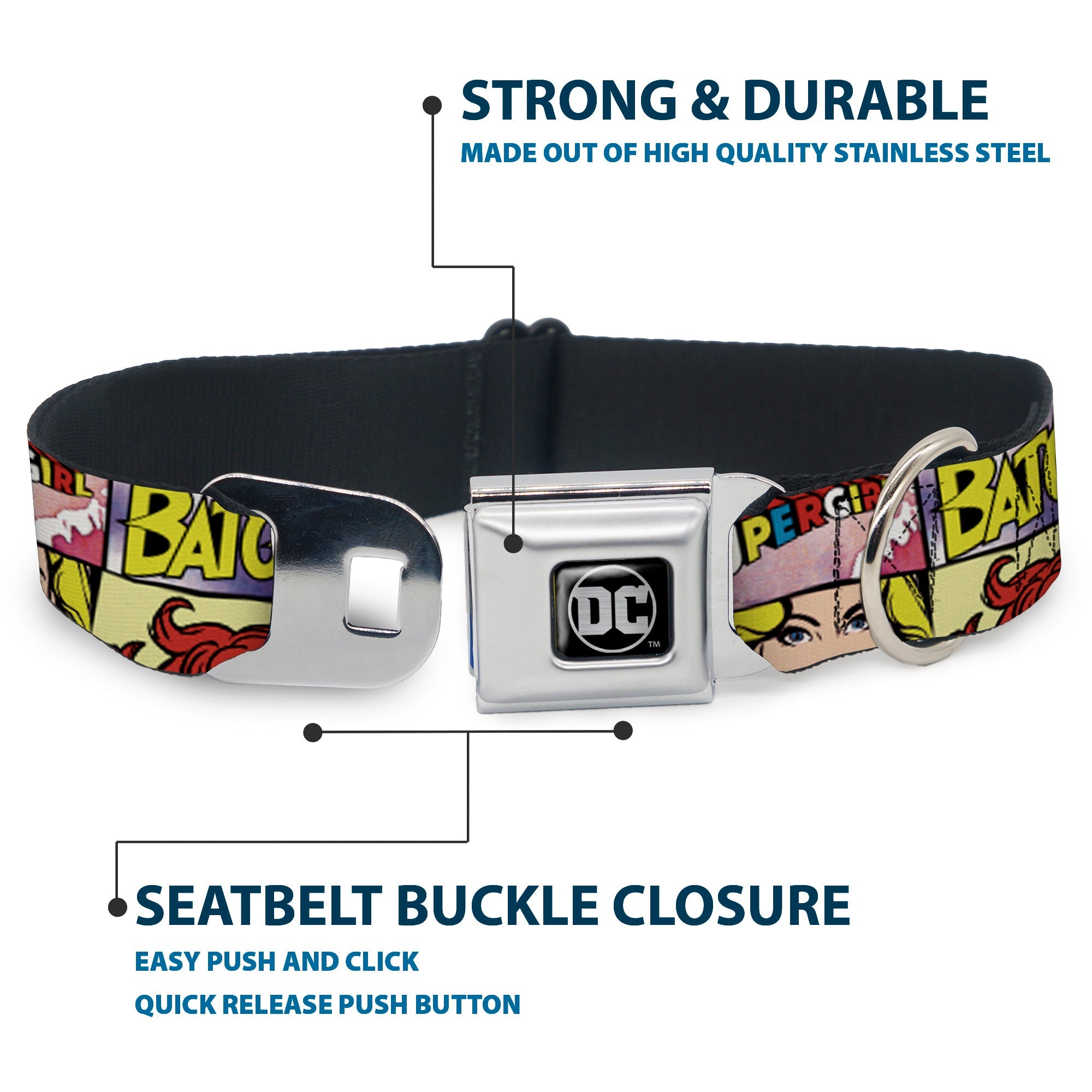 DC Round Logo Black/Silver Seatbelt Buckle Collar - Superheroines Wonder Woman/Supergirl/Batgirl