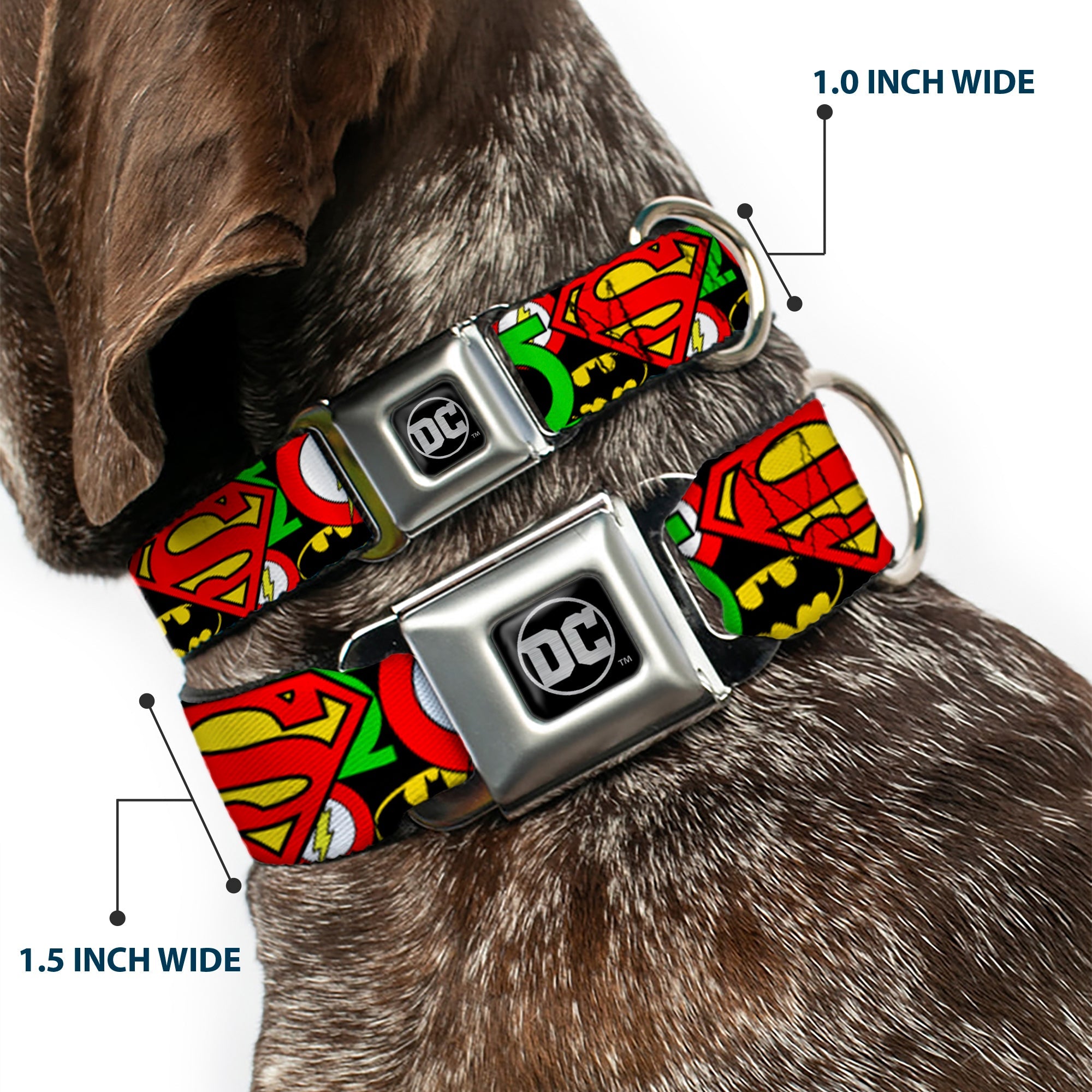 DC Round Logo Black/Silver Seatbelt Buckle Collar - Justice League Stacked Logos