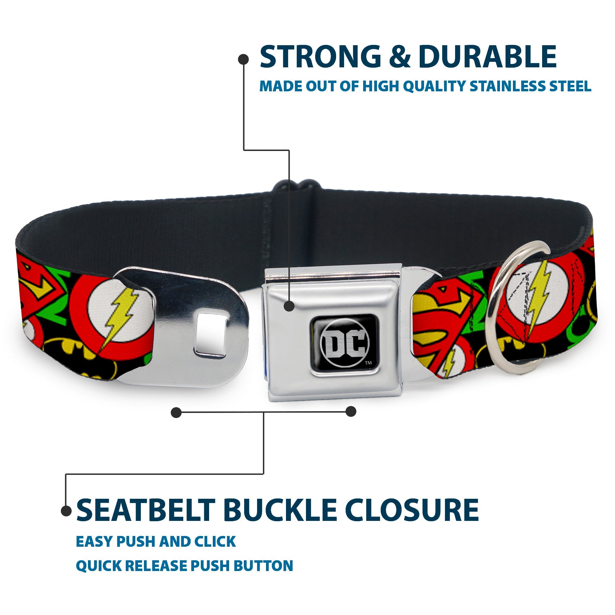 DC Round Logo Black/Silver Seatbelt Buckle Collar - Justice League Stacked Logos