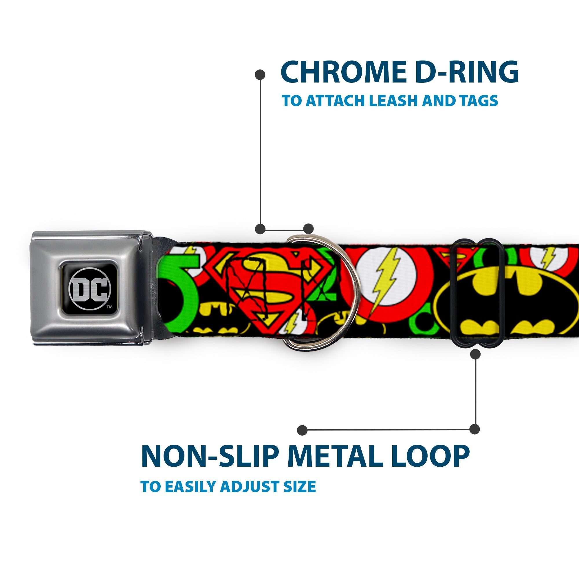 DC Round Logo Black/Silver Seatbelt Buckle Collar - Justice League Stacked Logos