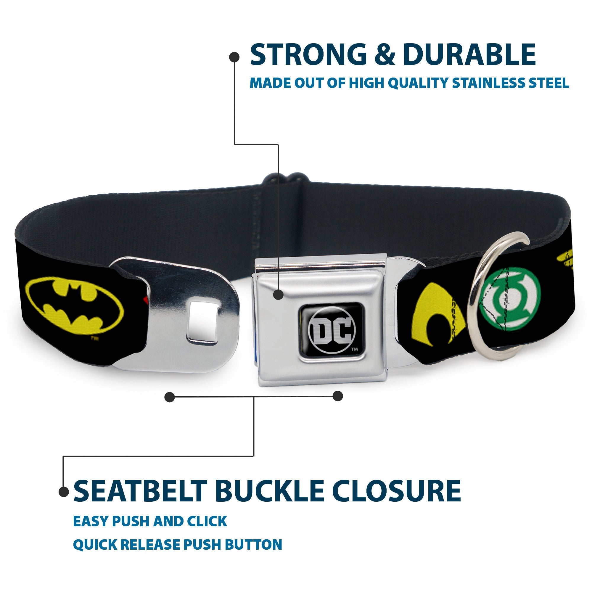 DC Round Logo Black/Silver Seatbelt Buckle Collar - Justice League 6-Superhero Logos Black