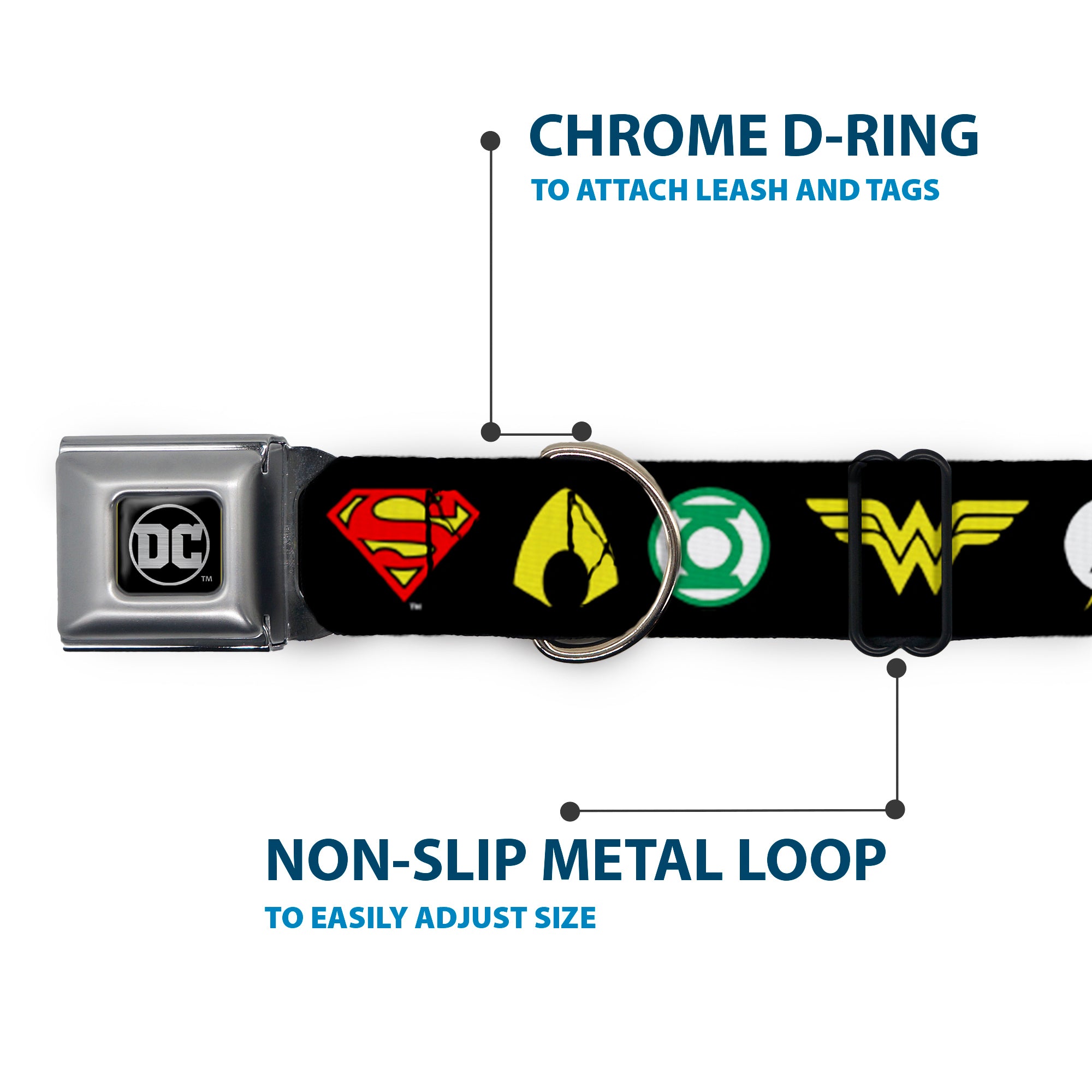 DC Round Logo Black/Silver Seatbelt Buckle Collar - Justice League 6-Superhero Logos Black
