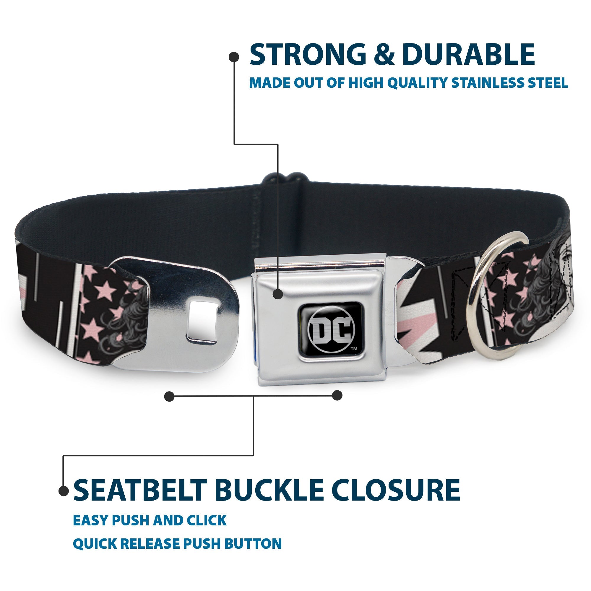 DC Round Logo Black/Silver Seatbelt Buckle Collar - Batgirl/Wonder Woman/Supergirl Retro Panels Black/Pink/White