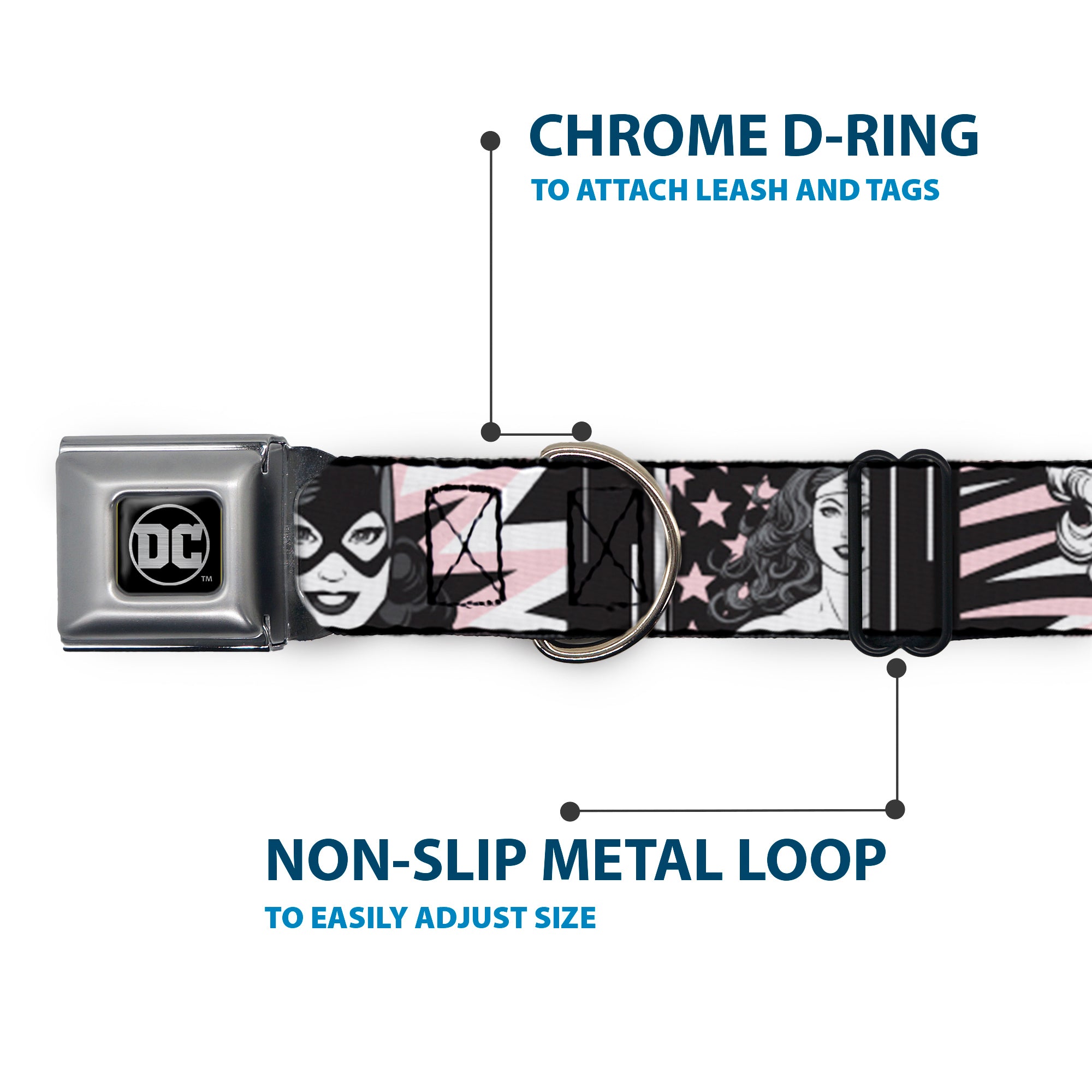 DC Round Logo Black/Silver Seatbelt Buckle Collar - Batgirl/Wonder Woman/Supergirl Retro Panels Black/Pink/White