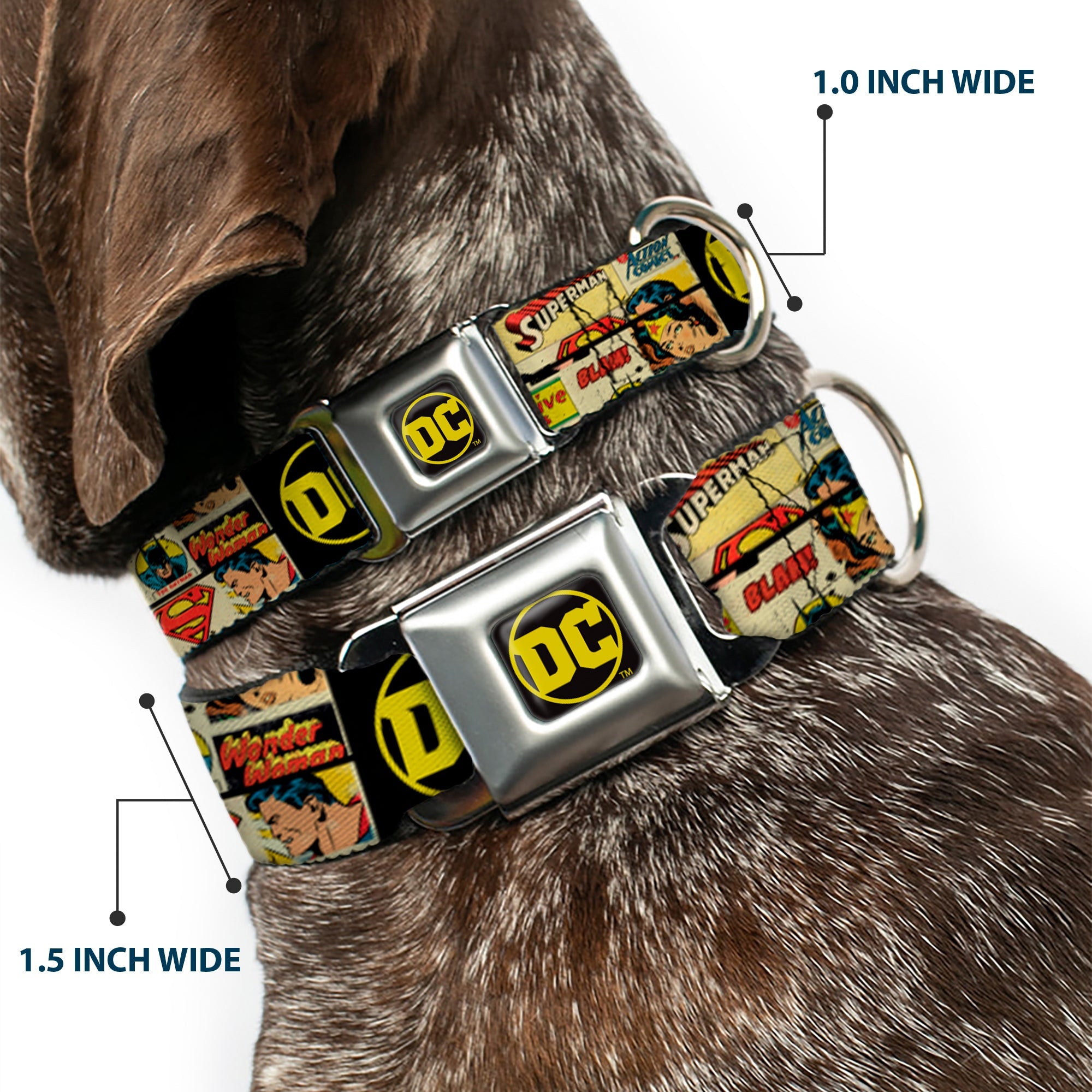 Vintage DC Comics Logo Full Color Black/Yellow Seatbelt Buckle Collar - Vintage DC Comics Superhero and Logos Collage Black