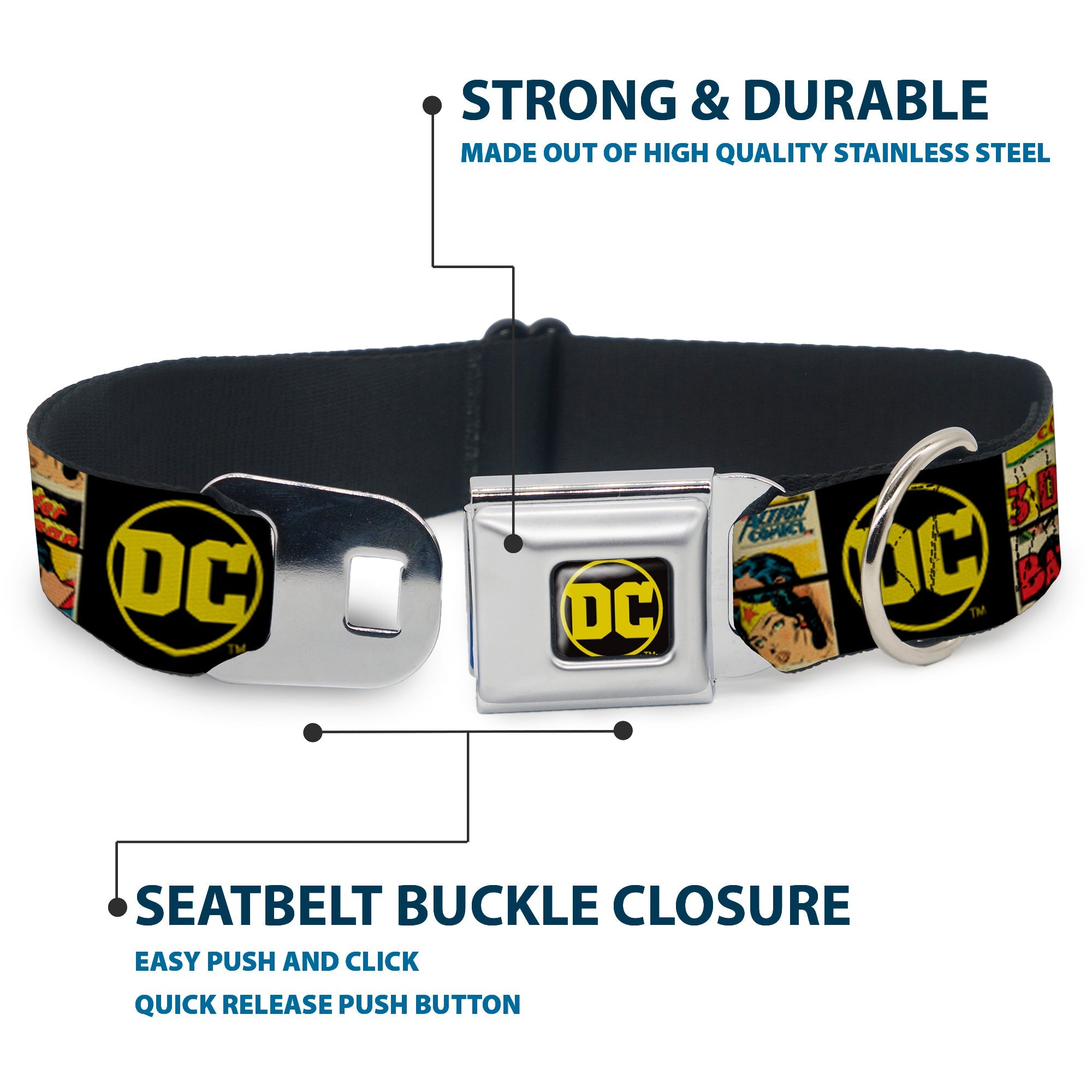 Vintage DC Comics Logo Full Color Black/Yellow Seatbelt Buckle Collar - Vintage DC Comics Superhero and Logos Collage Black