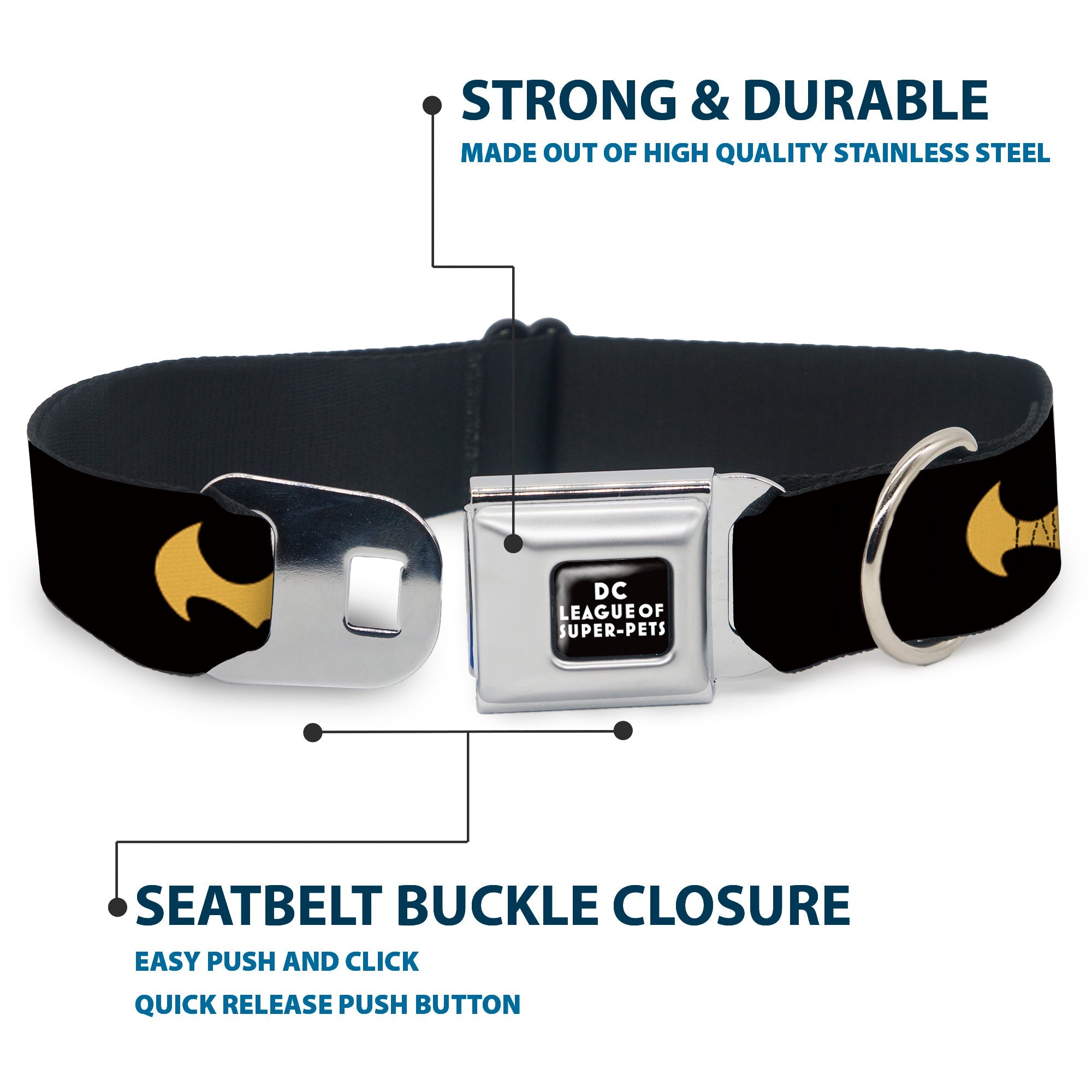 DC LEAGUE OF SUPER-PETS Logo Full Color Black/White Seatbelt Buckle Collar - DC League of Super-Pets Batman Bat Logo Black/Yellow