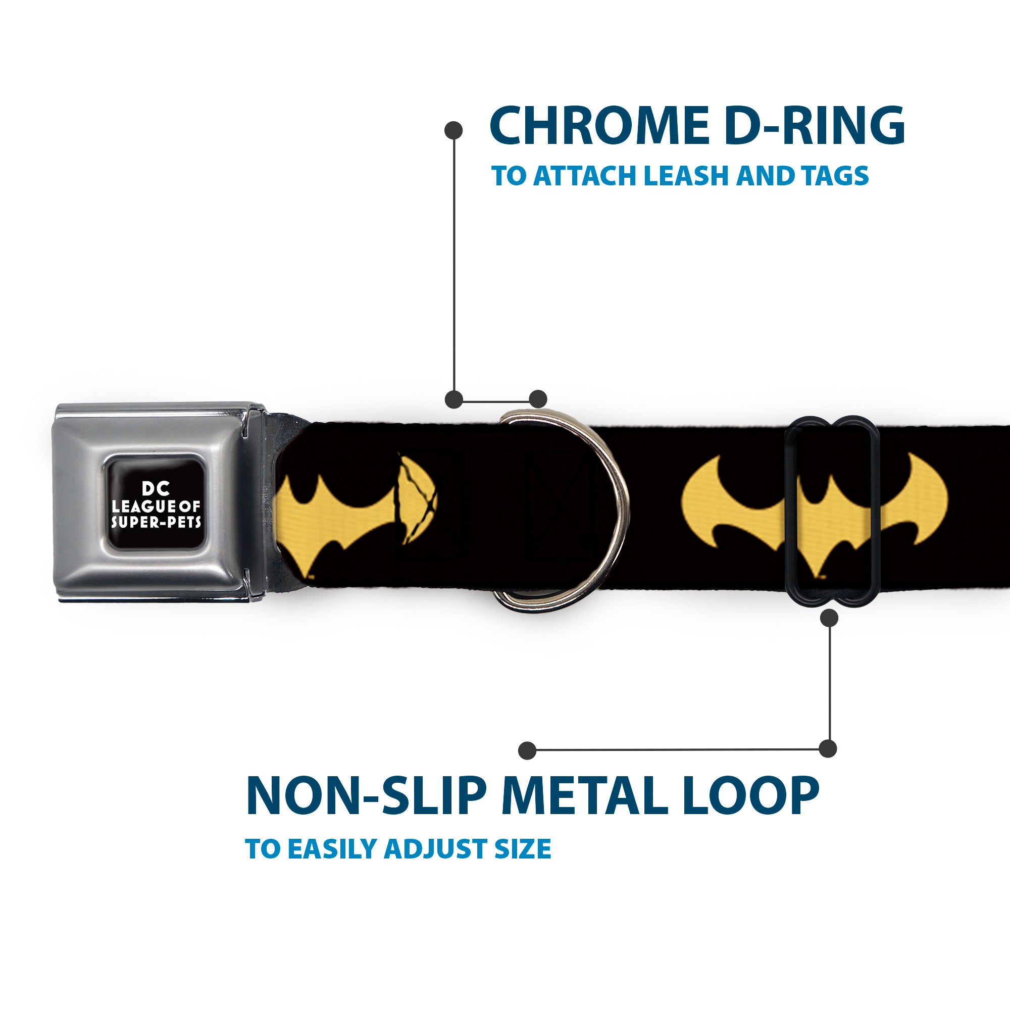 DC LEAGUE OF SUPER-PETS Logo Full Color Black/White Seatbelt Buckle Collar - DC League of Super-Pets Batman Bat Logo Black/Yellow
