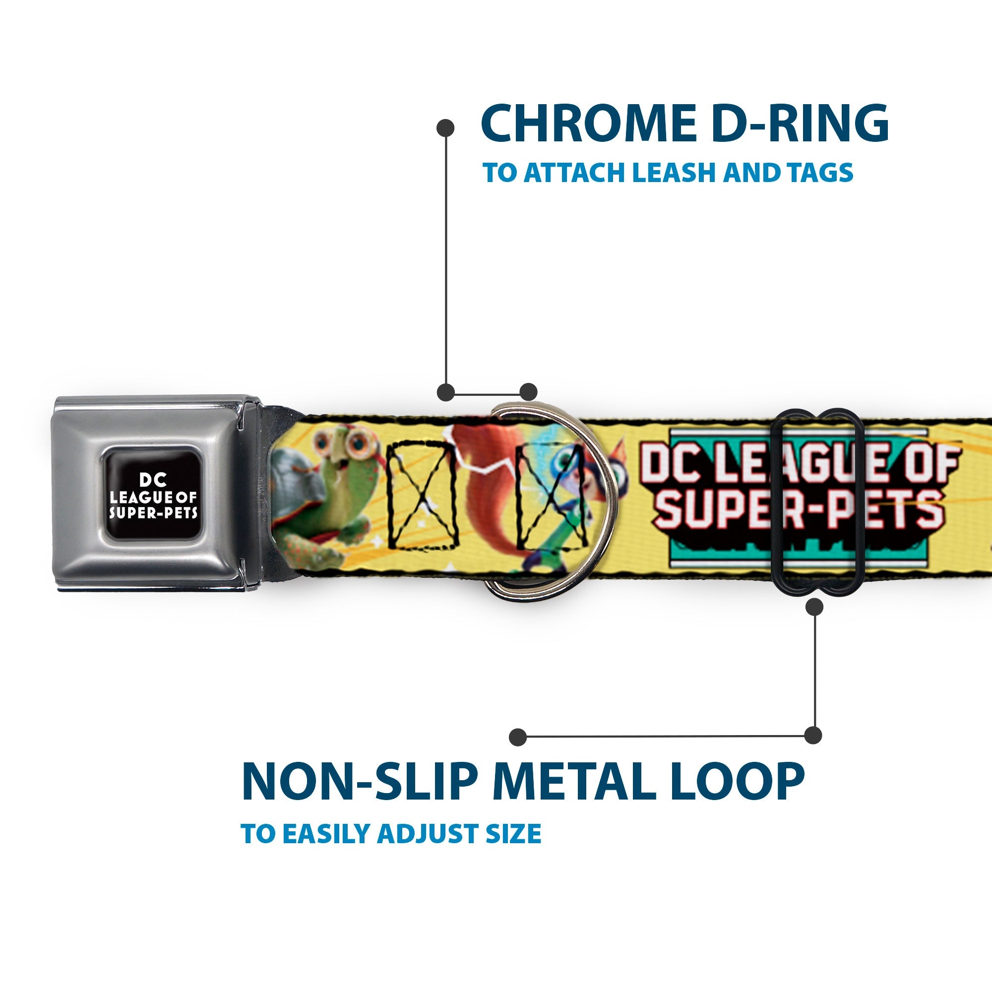 DC LEAGUE OF SUPER-PETS Logo Full Color Black/White Seatbelt Buckle Collar - DC LEAGUE OF SUPER-PETS 6-Superhero Pet Poses Collage Yellows