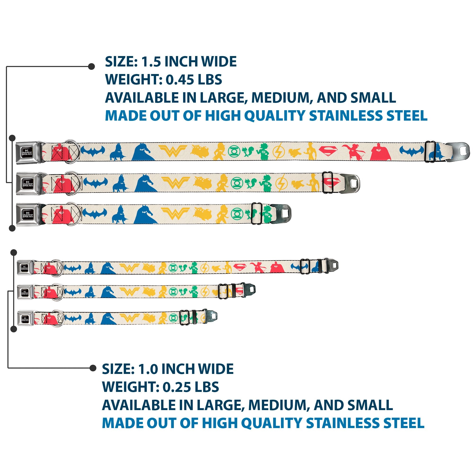 DC LEAGUE OF SUPER-PETS Logo Full Color Black/White Seatbelt Buckle Collar - DC League of Super-Pets Superhero with Pets and Logos Silhouette White/Multi Color