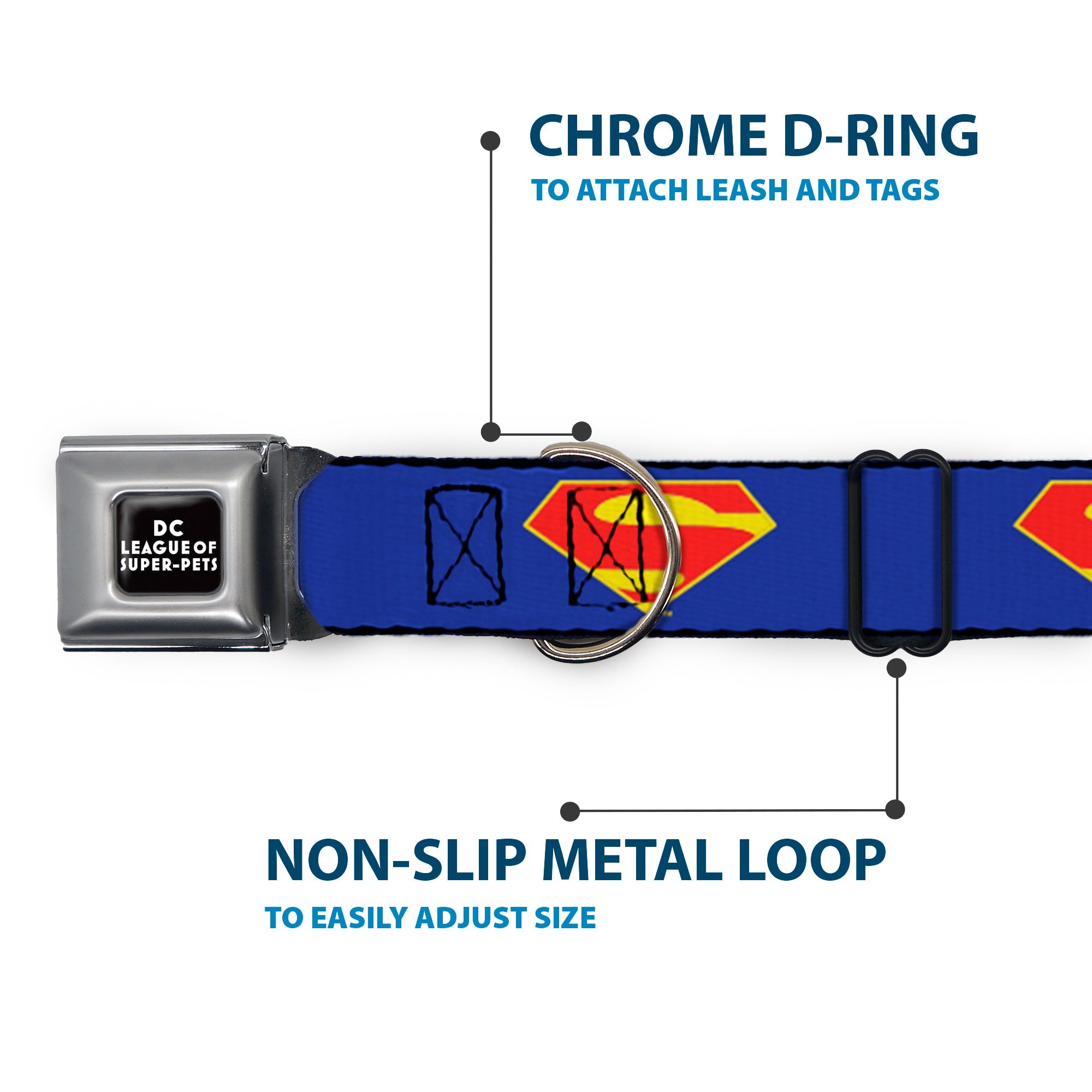 DC LEAGUE OF SUPER-PETS Logo Full Color Black/White Seatbelt Buckle Collar - DC League of Super-Pets Superman Shield Logo Blue/Red/Yellow