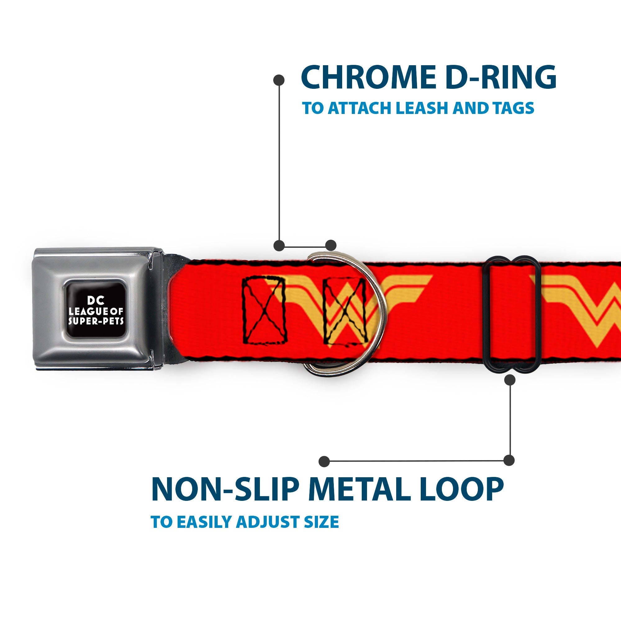 DC LEAGUE OF SUPER-PETS Logo Full Color Black/White Seatbelt Buckle Collar - DC League of Super-Pets Wonder Woman Logo Red/Yellow