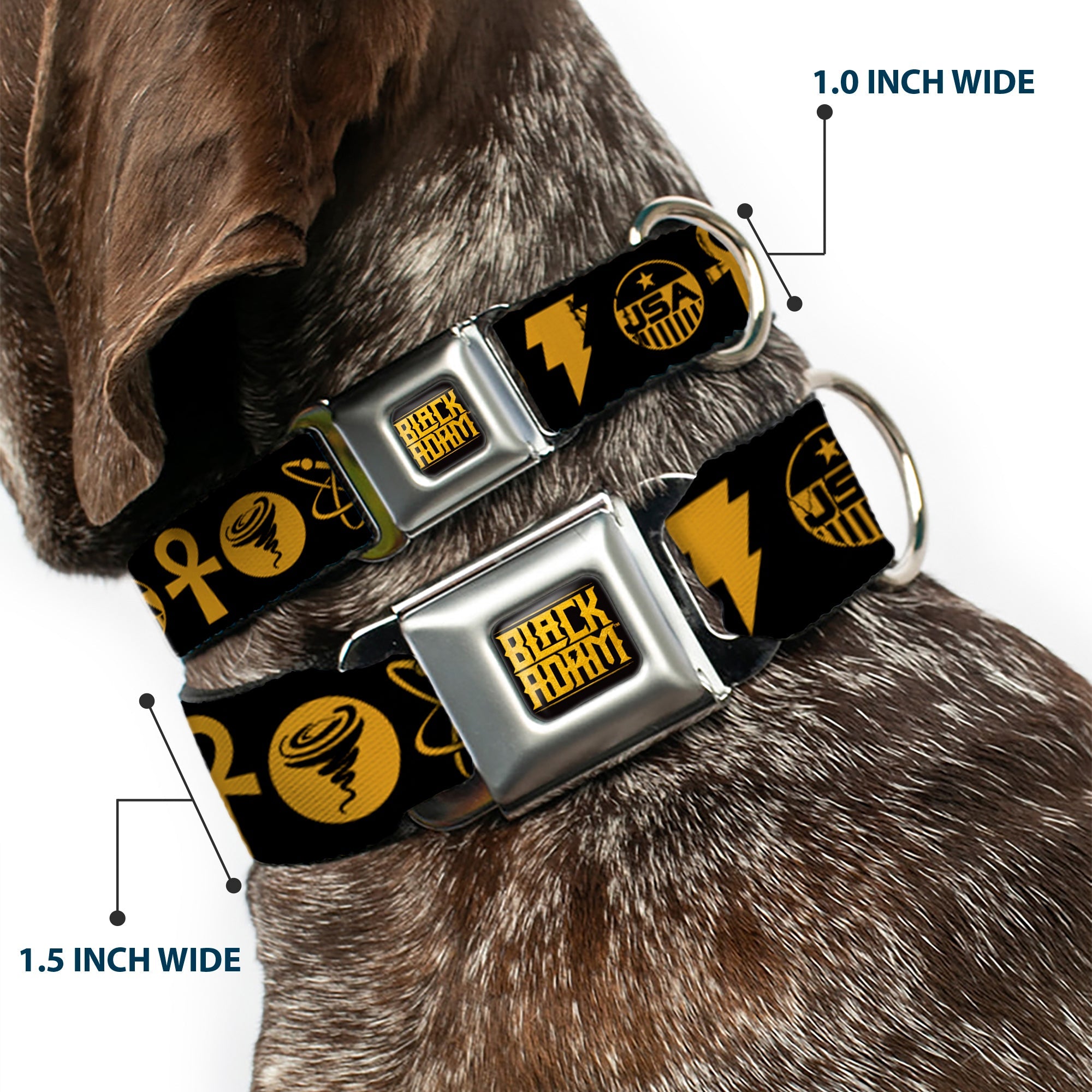 BLACK ADAM Title Logo Full Color Black/Yellows Seatbelt Buckle Collar - Black Adam Justice Society Icons Black/Orange