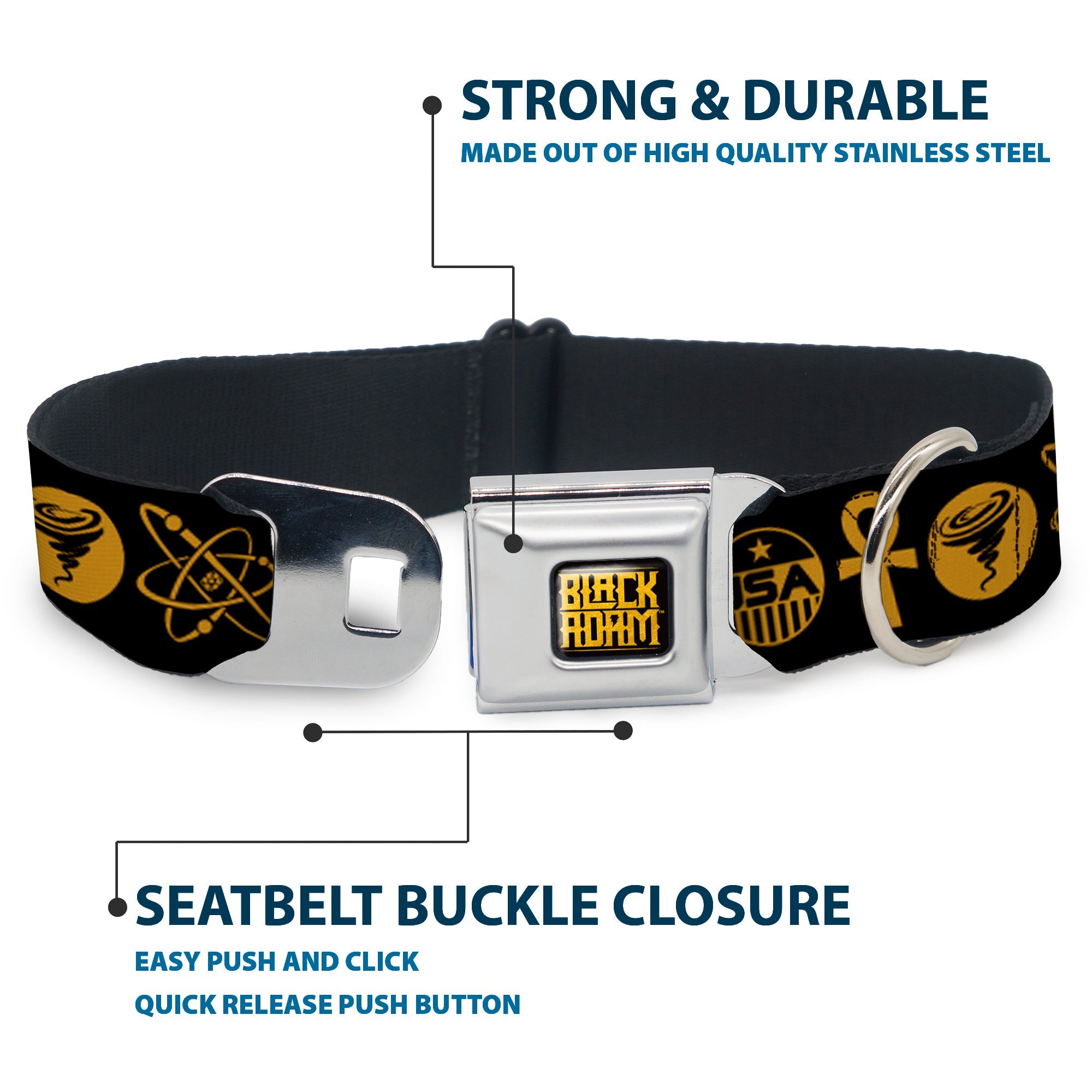 BLACK ADAM Title Logo Full Color Black/Yellows Seatbelt Buckle Collar - Black Adam Justice Society Icons Black/Orange