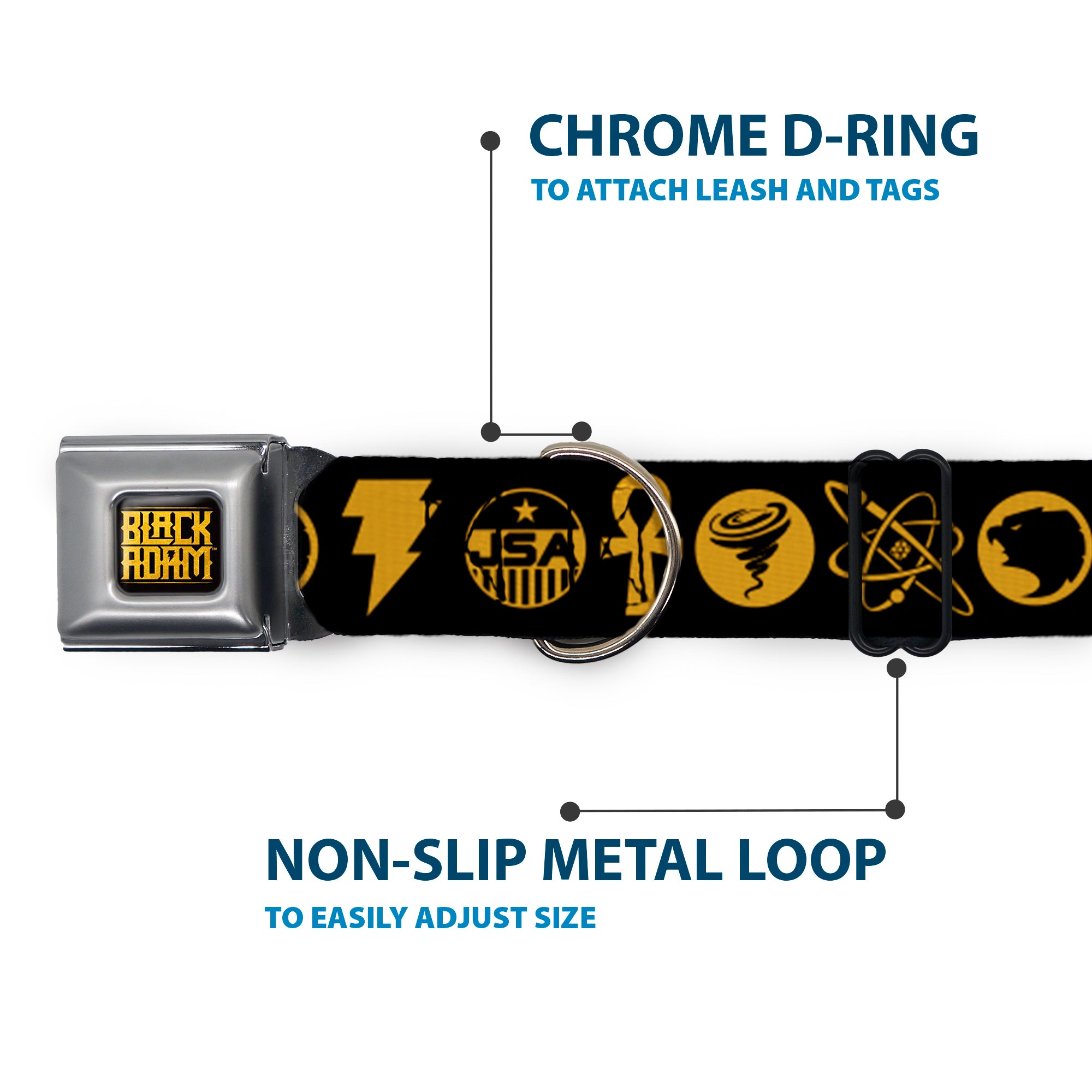 BLACK ADAM Title Logo Full Color Black/Yellows Seatbelt Buckle Collar - Black Adam Justice Society Icons Black/Orange