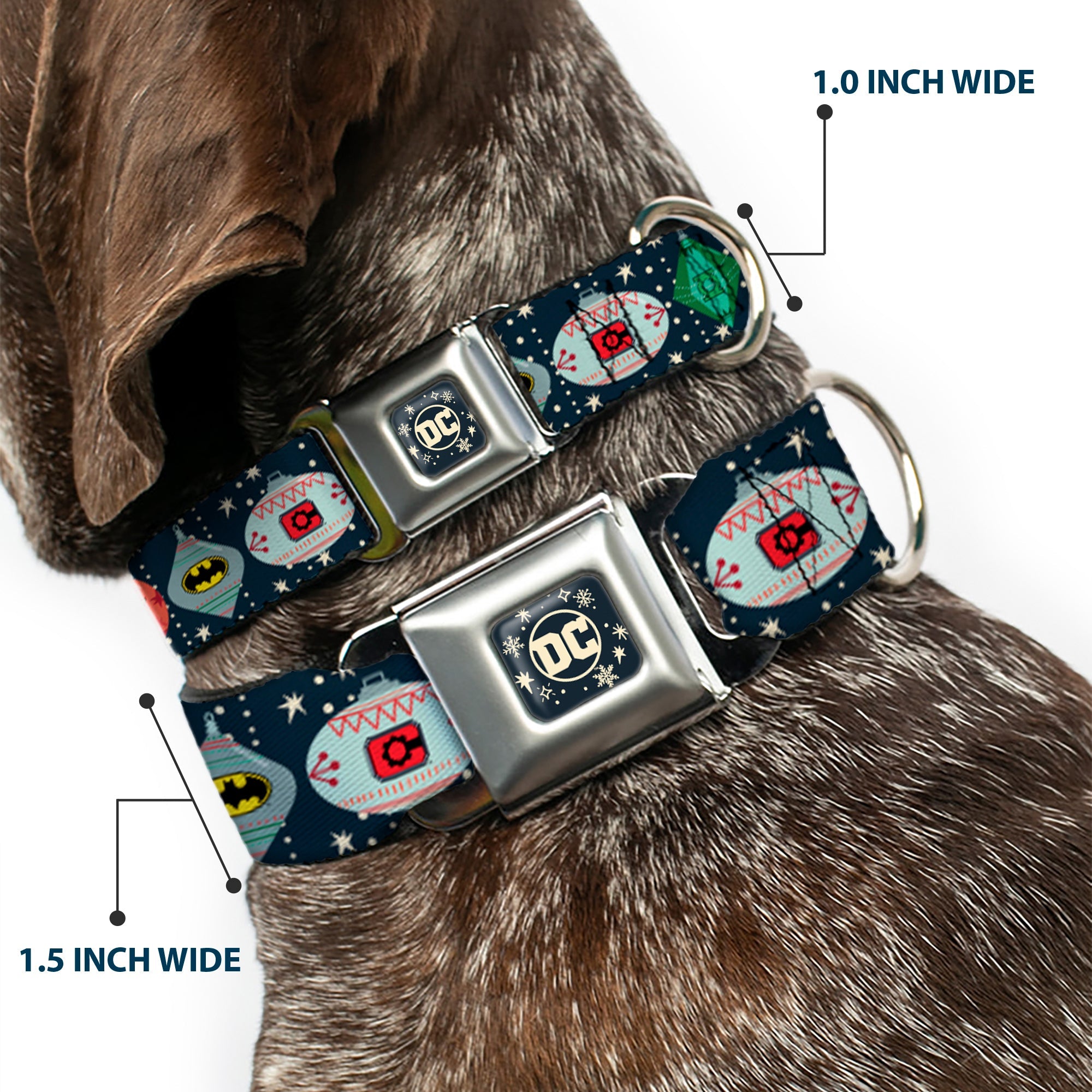 DC Comics Holiday Logo Full Color Black/White Seatbelt Buckle Collar - DC Comics Justice League Holiday Ornament Icons and Stars