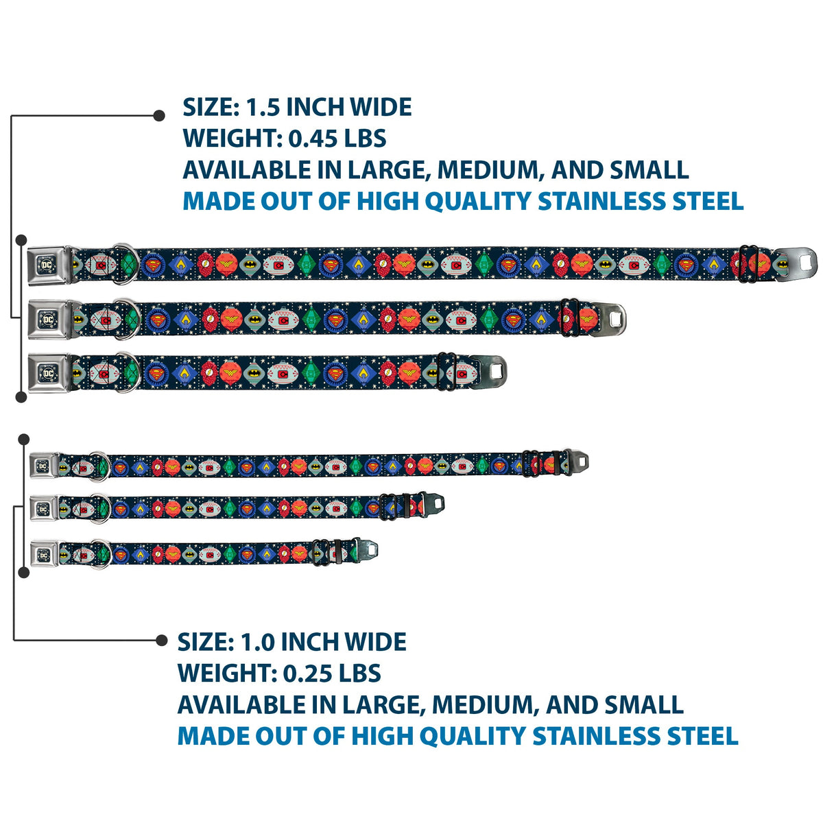 DC Comics Holiday Logo Full Color Black/White Seatbelt Buckle Collar - DC Comics Justice League Holiday Ornament Icons and Stars