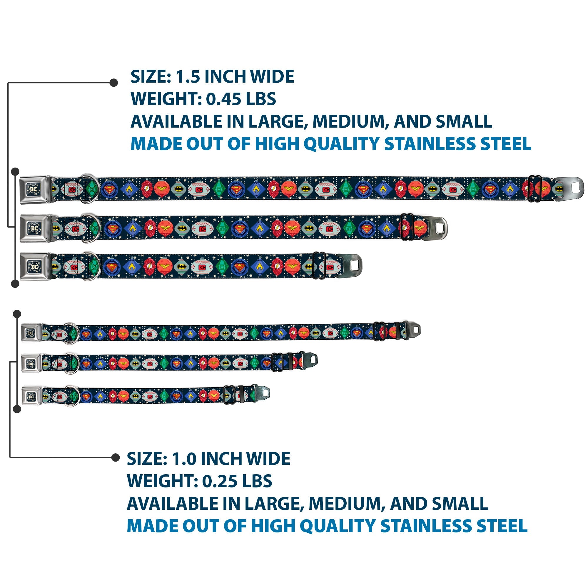 DC Comics Holiday Logo Full Color Black/White Seatbelt Buckle Collar - DC Comics Justice League Holiday Ornament Icons and Stars