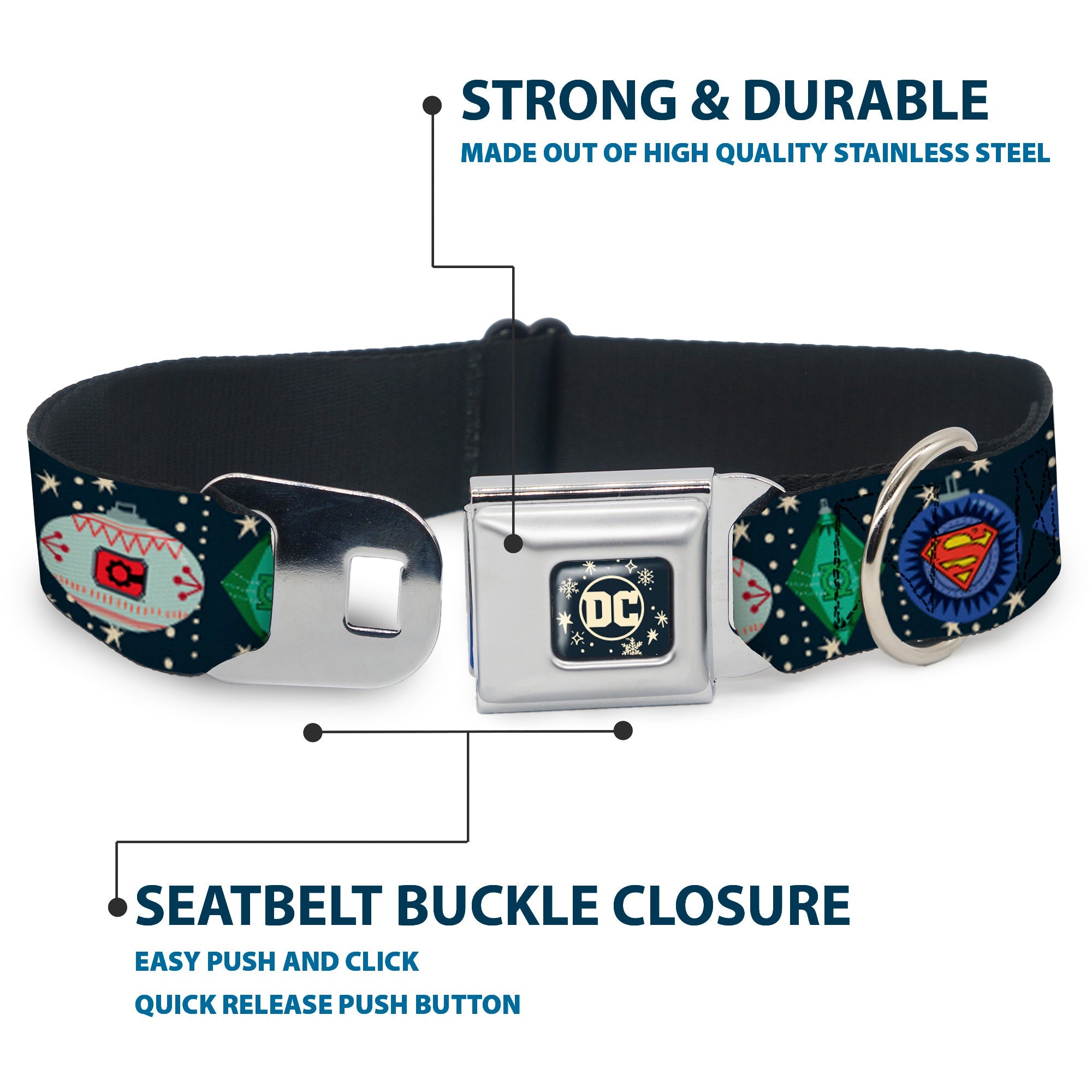 DC Comics Holiday Logo Full Color Black/White Seatbelt Buckle Collar - DC Comics Justice League Holiday Ornament Icons and Stars