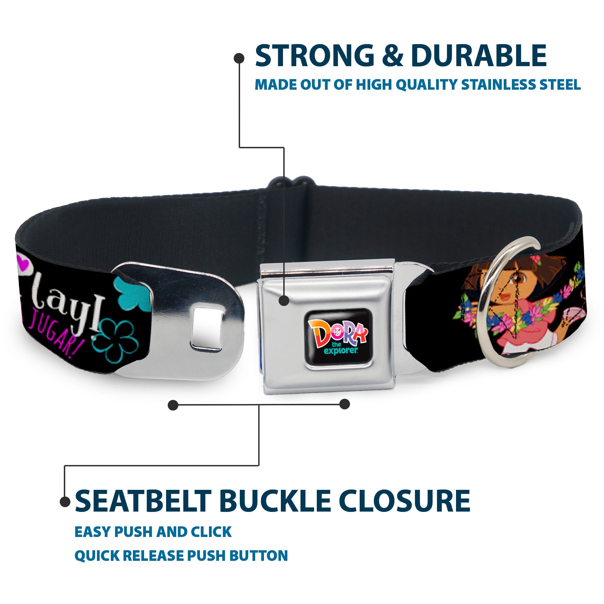 DORA THE EXPORER Logo2 Black/Multi Color Seatbelt Buckle Collar - Dora & Boots Pose/Floral LET'S PLAY!/VAMOS A JUGAR! Black/White/Multi Color