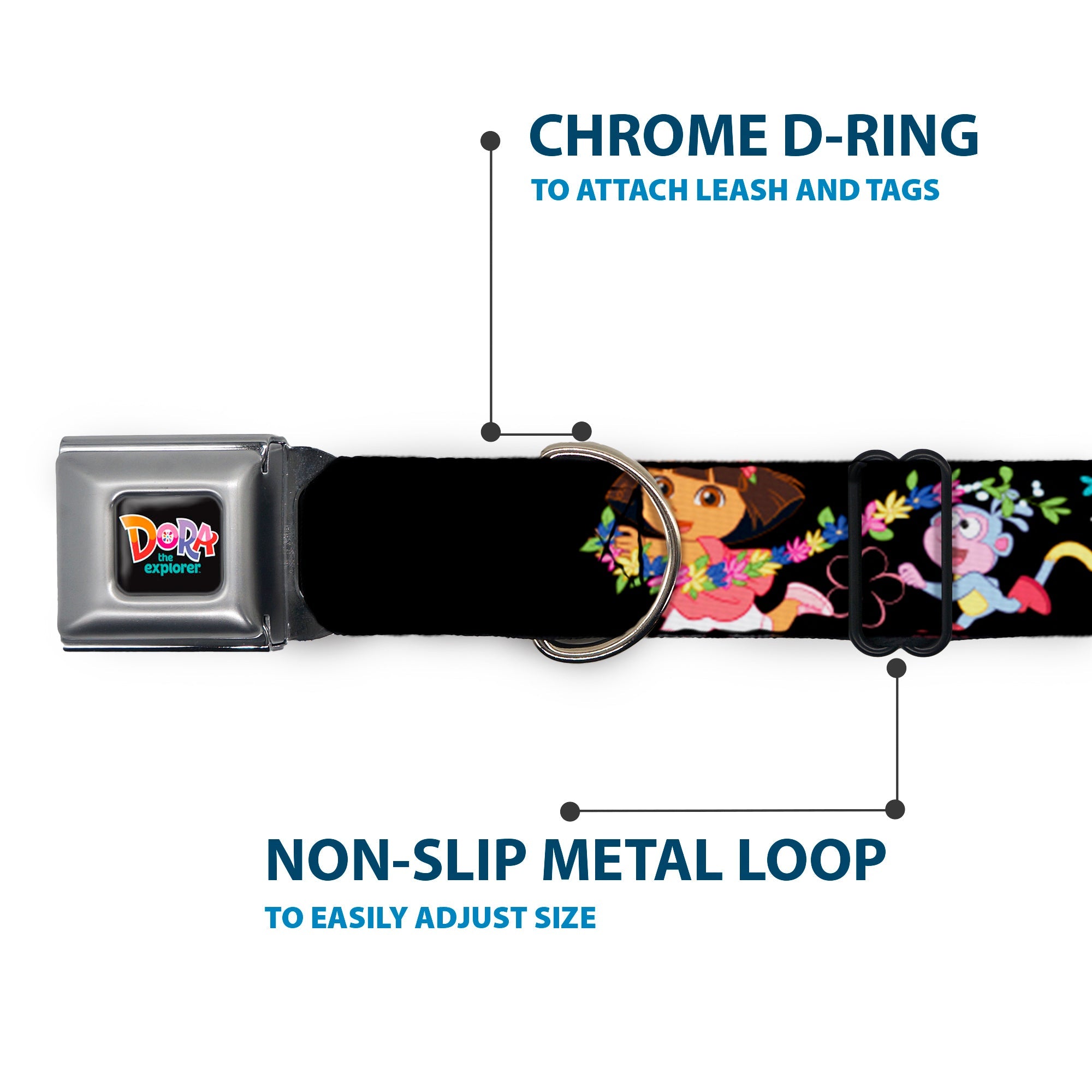 DORA THE EXPORER Logo2 Black/Multi Color Seatbelt Buckle Collar - Dora & Boots Pose/Floral LET'S PLAY!/VAMOS A JUGAR! Black/White/Multi Color