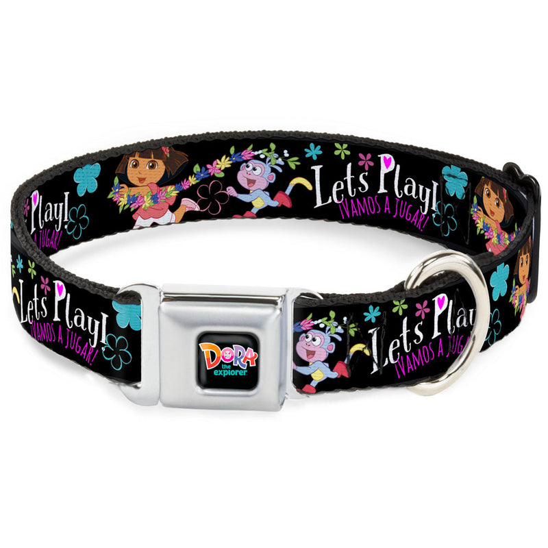 DORA THE EXPORER Logo2 Black/Multi Color Seatbelt Buckle Collar - Dora & Boots Pose/Floral LETS PLAY!/VAMOS A JUGAR! Black/White/Multi Color