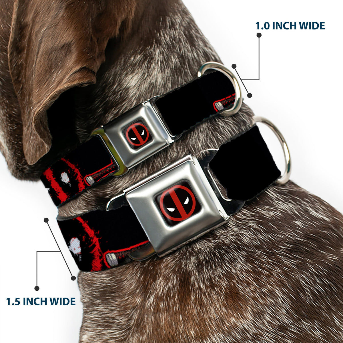 Deadpool Logo Full Color Black/Red/White Seatbelt Buckle Collar - Deadpool 2-Action Poses/Splatter Logo Black/Red/White