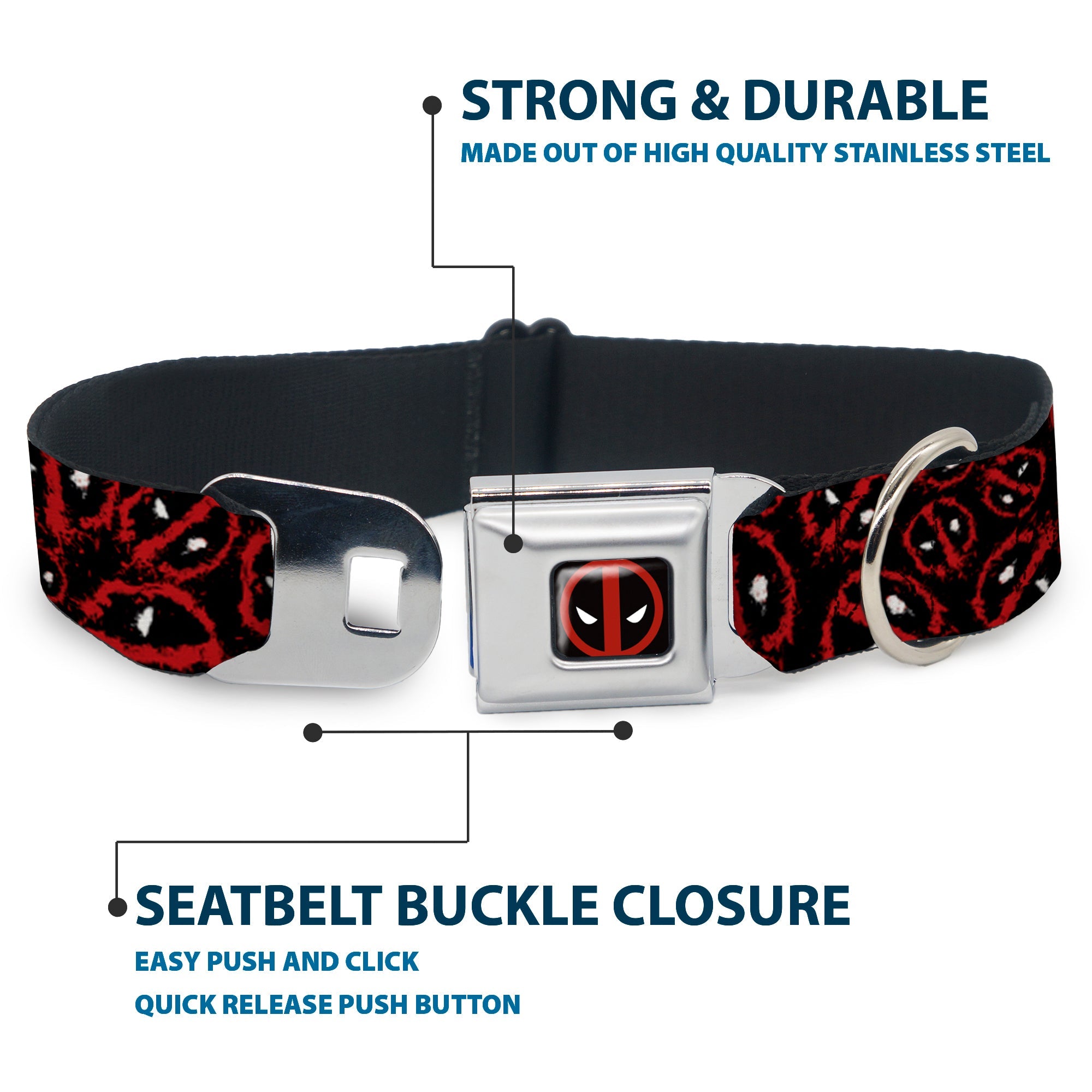 Deadpool Logo Black/Red/White Seatbelt Buckle Collar - Deadpool Splatter Logo Scattered Black/Red/White