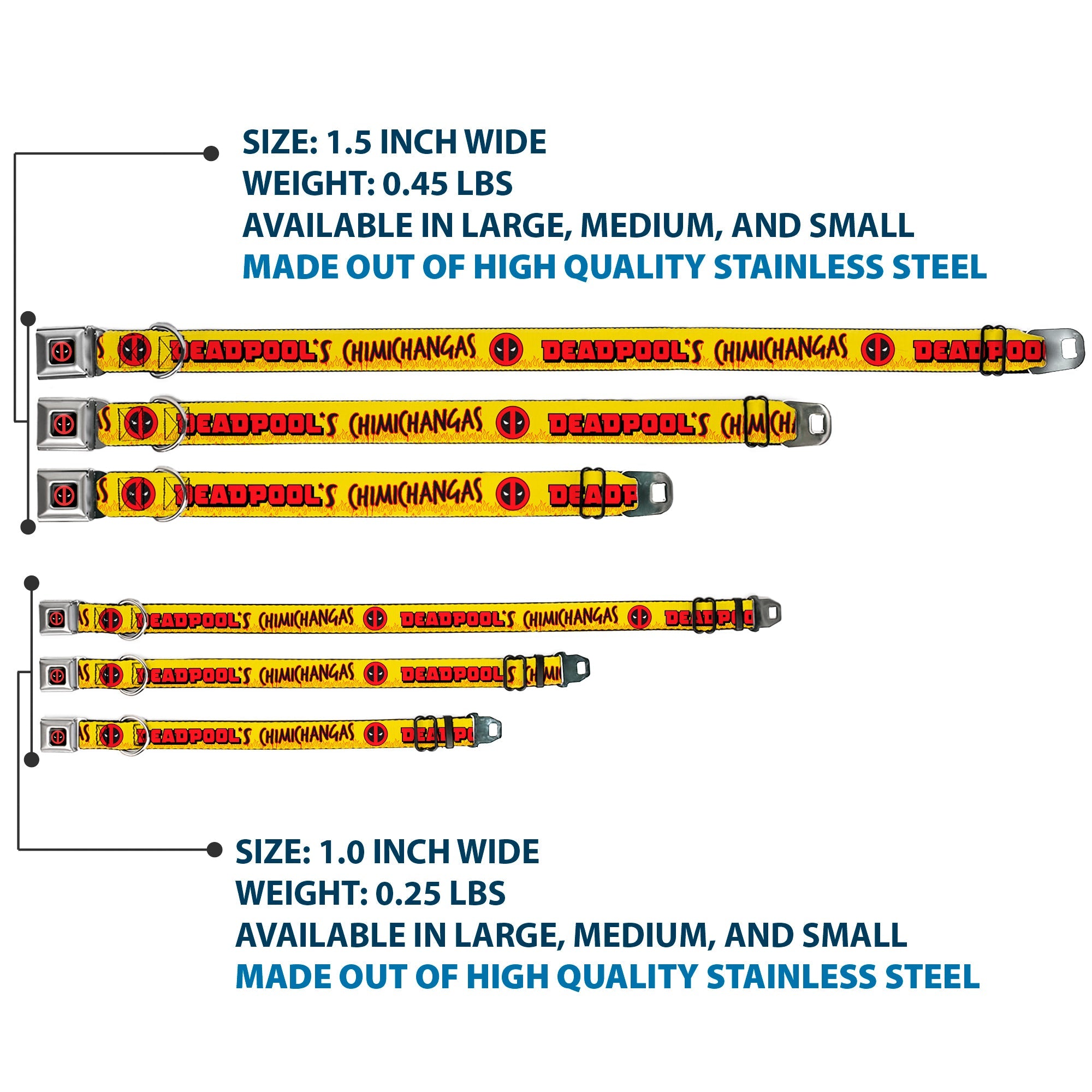 Deadpool Logo CLOSE-UP Full Color Black/Red/White Seatbelt Buckle Collar - DEADPOOLS CHIMICHANGAS Flames Yellow/Black/Red