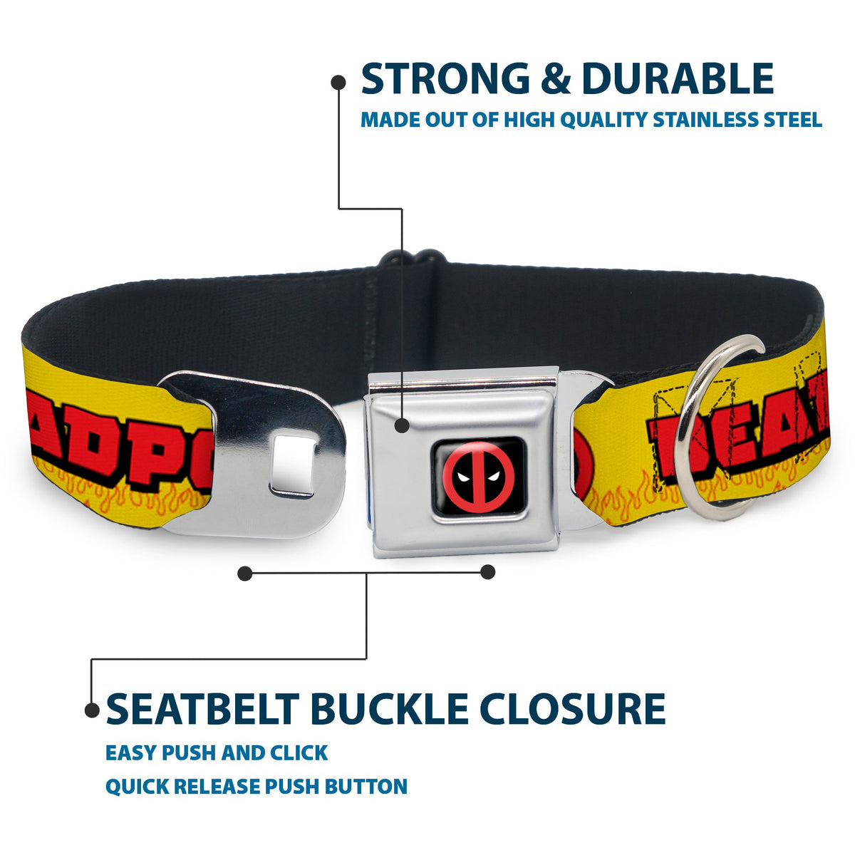 Deadpool Logo CLOSE-UP Full Color Black/Red/White Seatbelt Buckle Collar - DEADPOOLS CHIMICHANGAS Flames Yellow/Black/Red