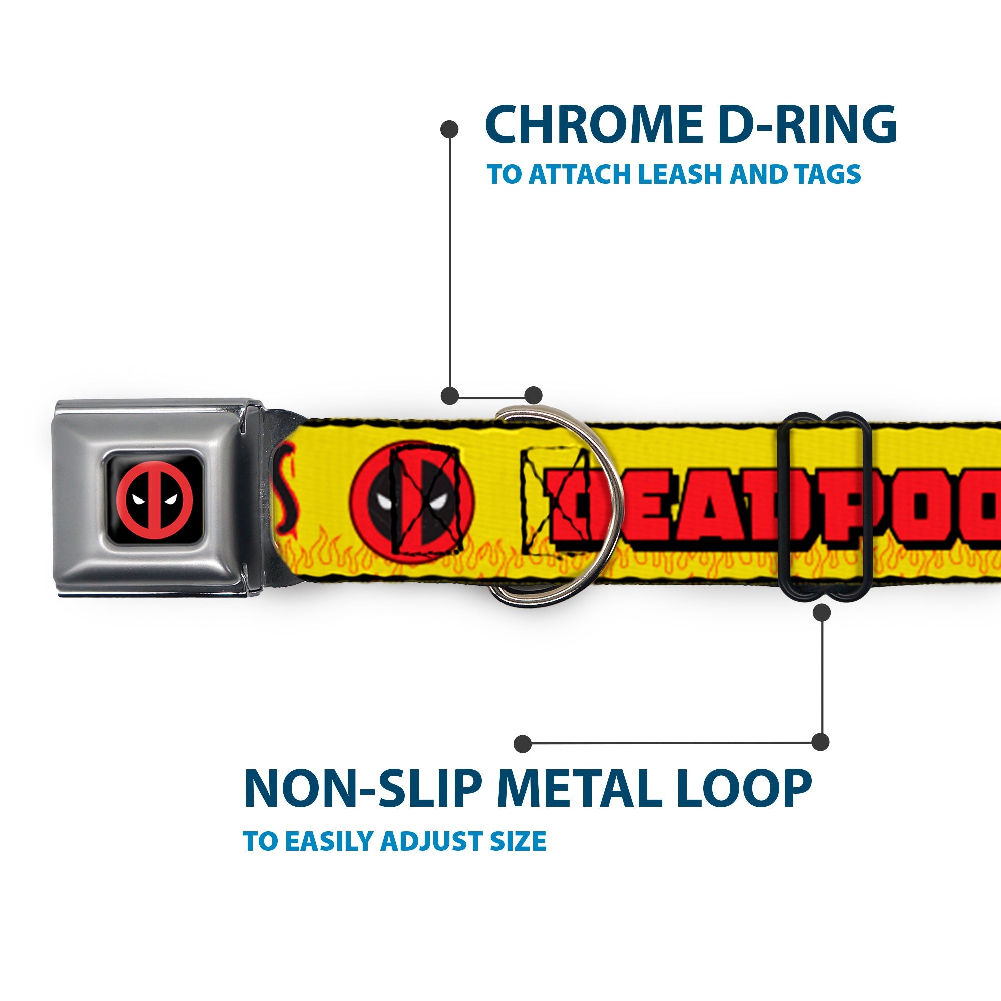Deadpool Logo CLOSE-UP Full Color Black/Red/White Seatbelt Buckle Collar - DEADPOOLS CHIMICHANGAS Flames Yellow/Black/Red