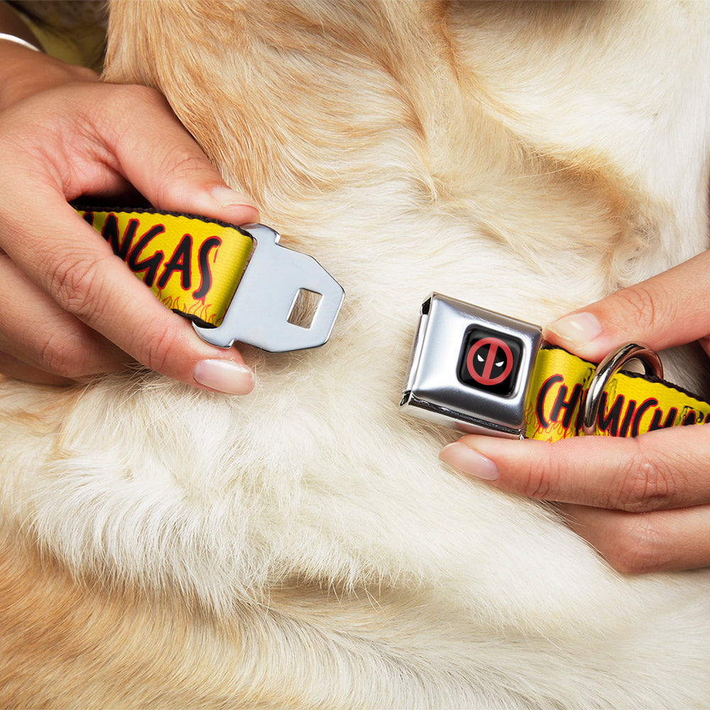 Deadpool Logo CLOSE-UP Full Color Black/Red/White Seatbelt Buckle Collar - DEADPOOLS CHIMICHANGAS Flames Yellow/Black/Red