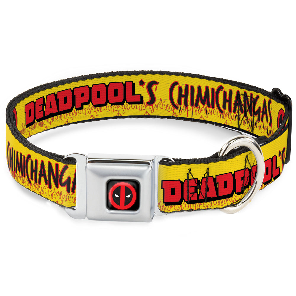 Deadpool Logo CLOSE-UP Full Color Black/Red/White Seatbelt Buckle Collar - DEADPOOLS CHIMICHANGAS Flames Yellow/Black/Red
