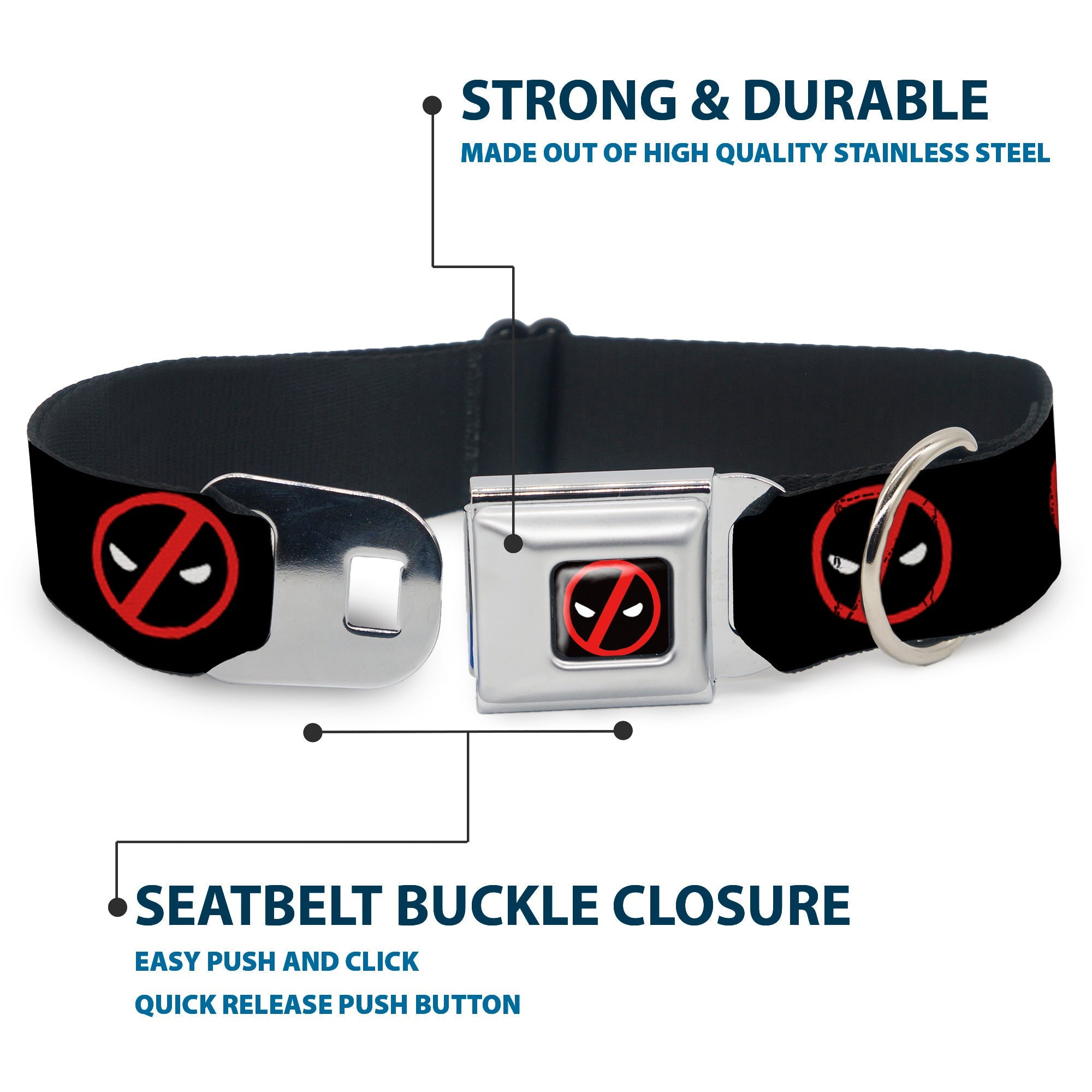 Deadpool Logo CLOSE-UP Black/Red/White Seatbelt Buckle Collar - Deadpool Logo2 Black/Red/White