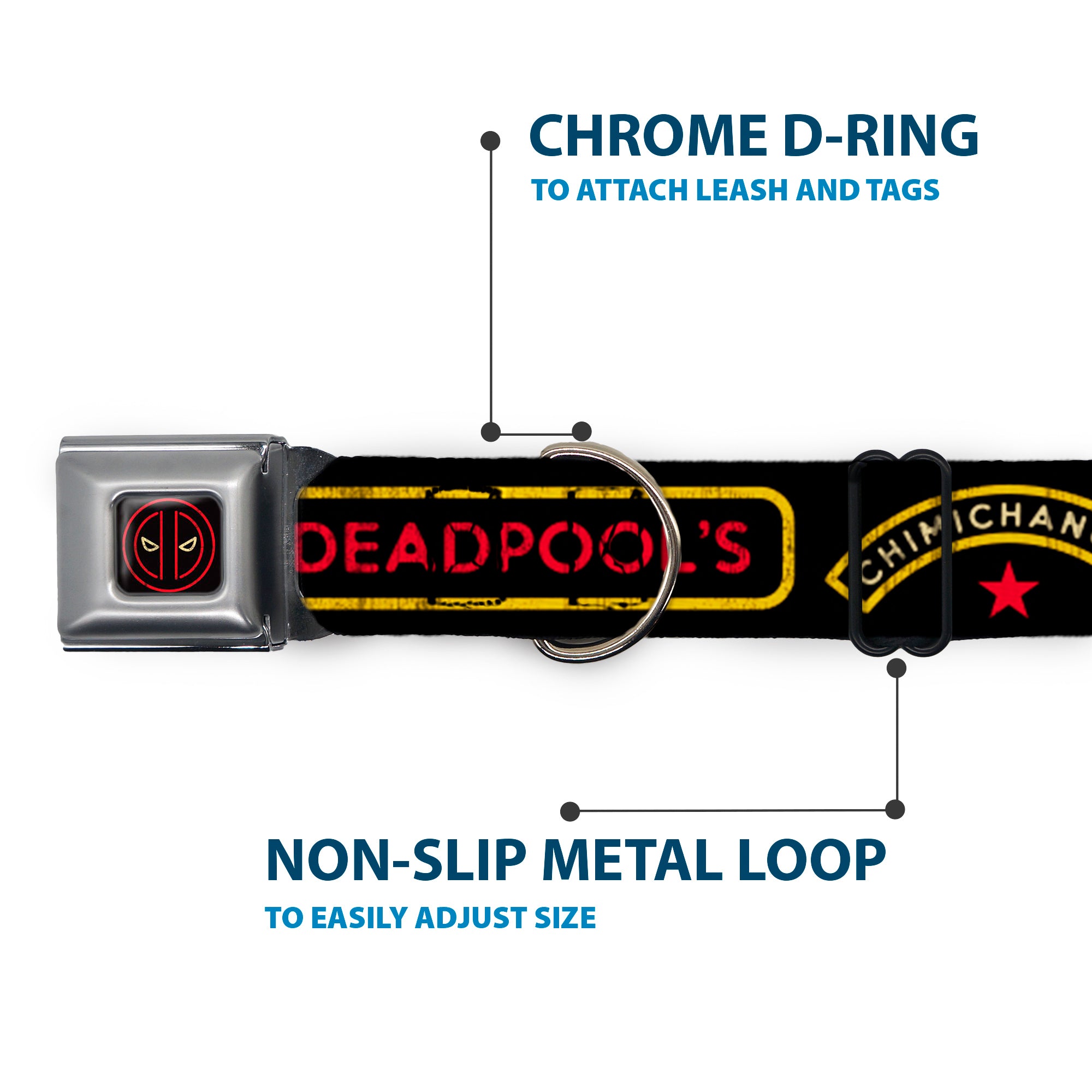 Deadpool Logo Outline Full Color Black/Red/White Seatbelt Buckle Collar - DEADPOOLS CHIMICHANGAS and Logo Black/Gold/Red