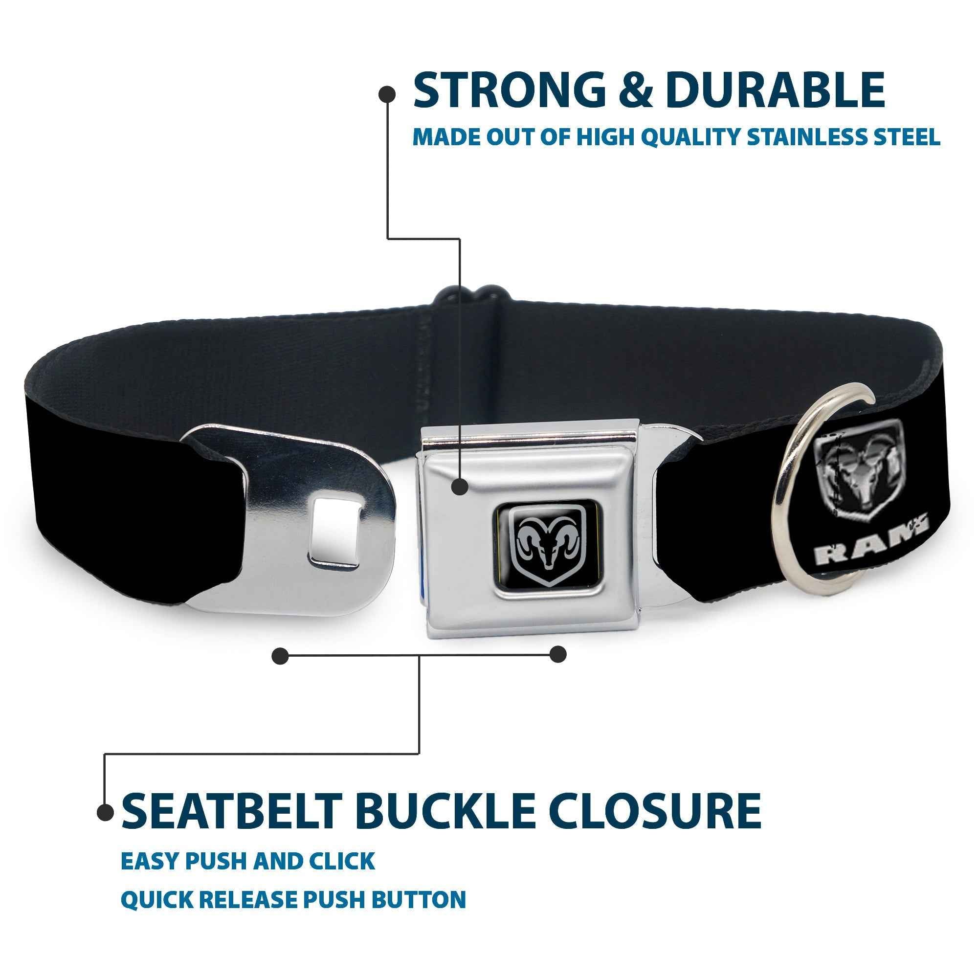 Buckle-Down Ram Black/Silver Seatbelt Buckle Dog Collar - Ram Black/Silver Logo Repeat