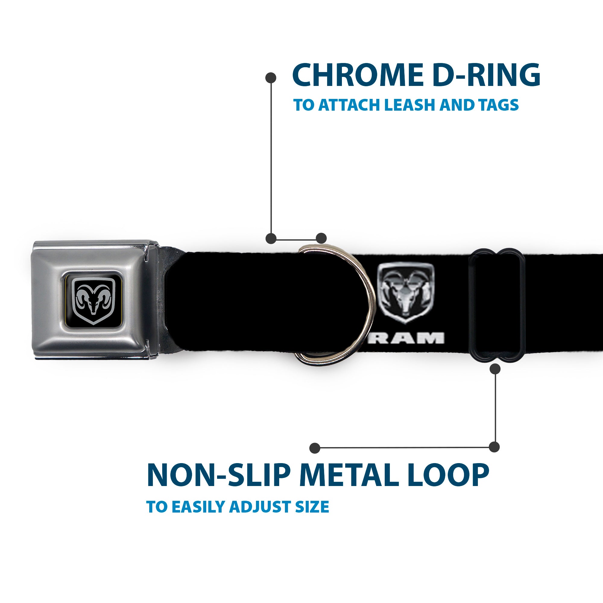 Buckle-Down Ram Black/Silver Seatbelt Buckle Dog Collar - Ram Black/Silver Logo Repeat