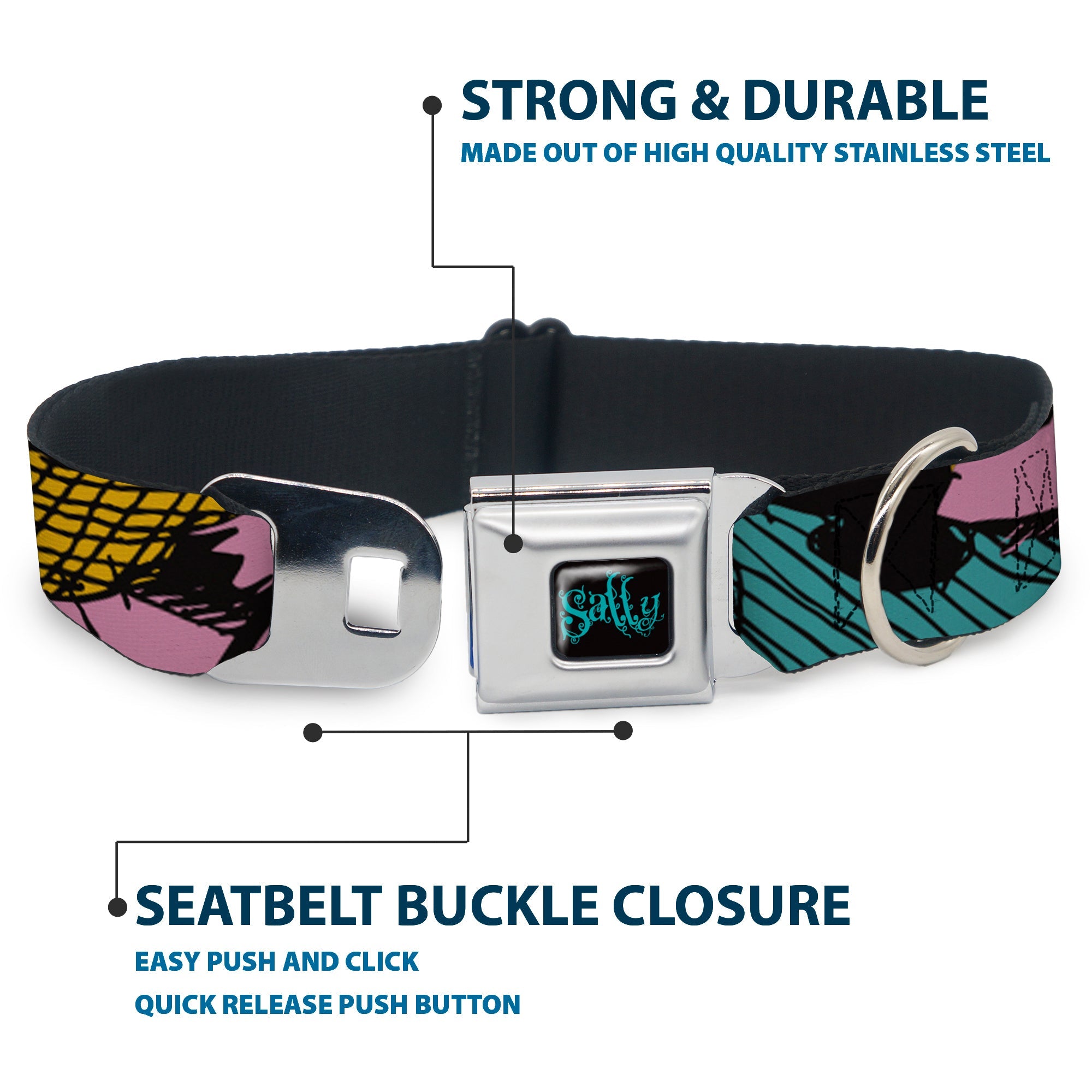 Nightmare Before Christmas SALLY Text Full Color Black/Teal Seatbelt Buckle Collar - Nightmare Before Christmas Sally Dress Patchwork