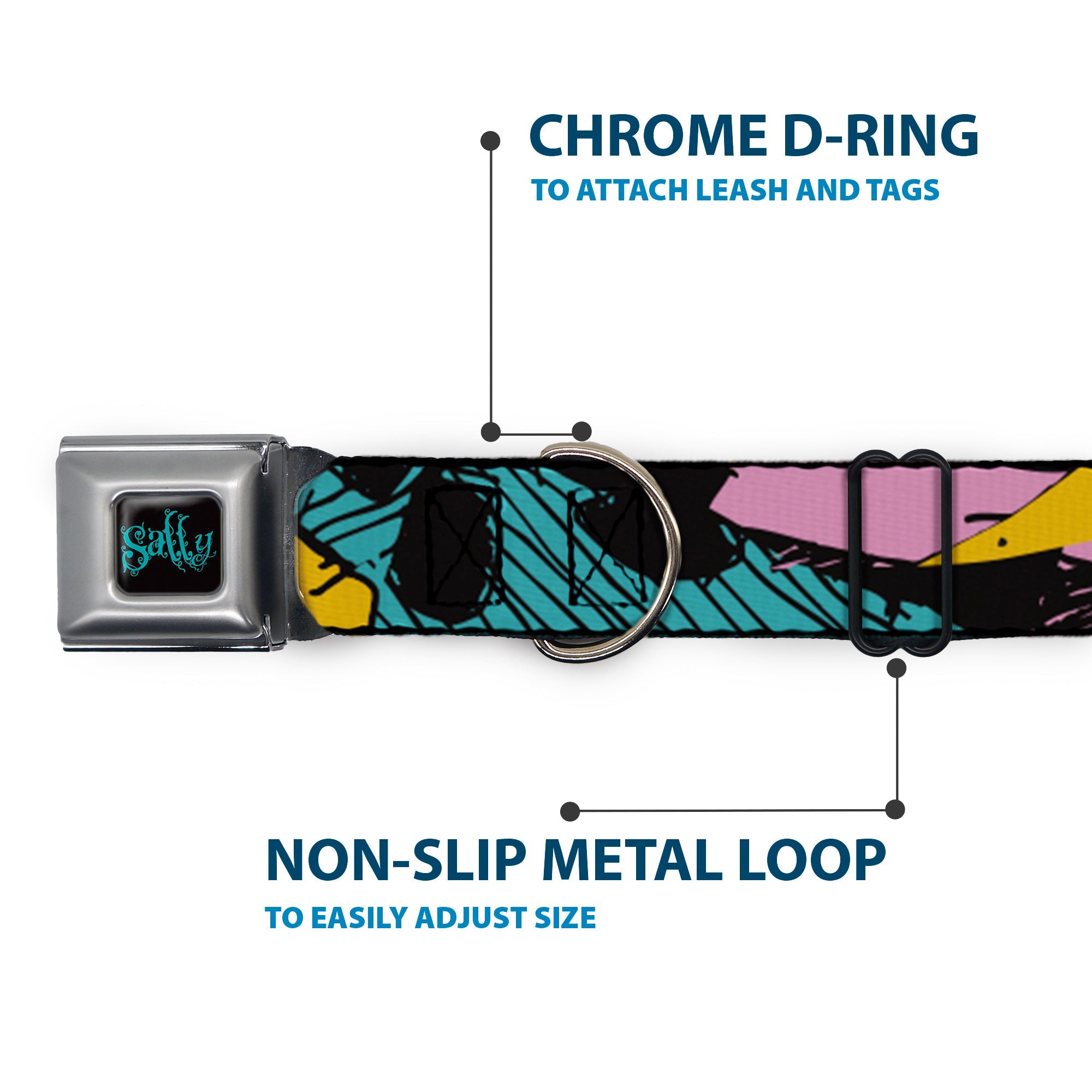 Nightmare Before Christmas SALLY Text Full Color Black/Teal Seatbelt Buckle Collar - Nightmare Before Christmas Sally Dress Patchwork