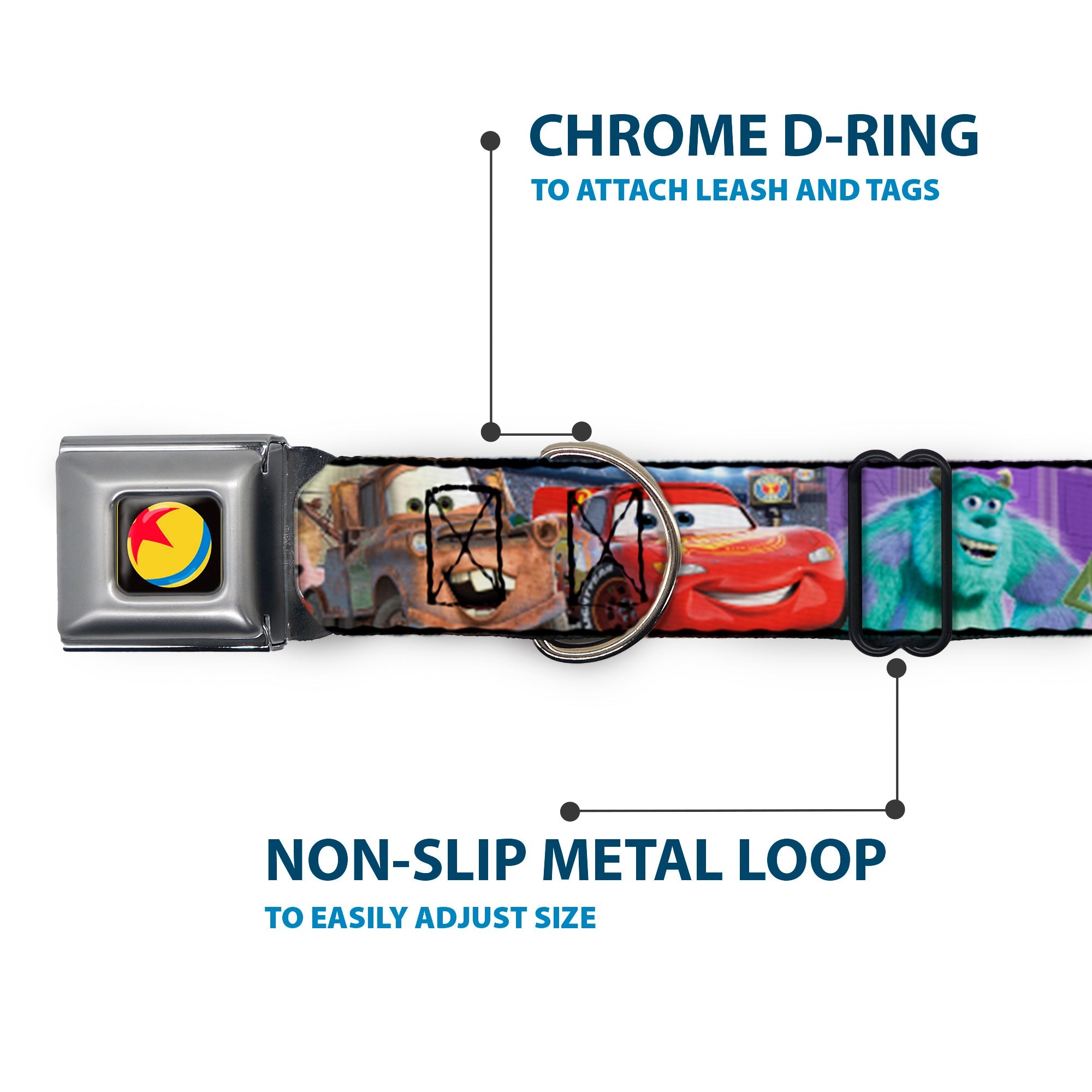 Disney Pixar Luxo Ball Full Color Black/Yellow/Blue/Red Seatbelt Buckle Collar - Disney Pixar 7-Movie Character Collage