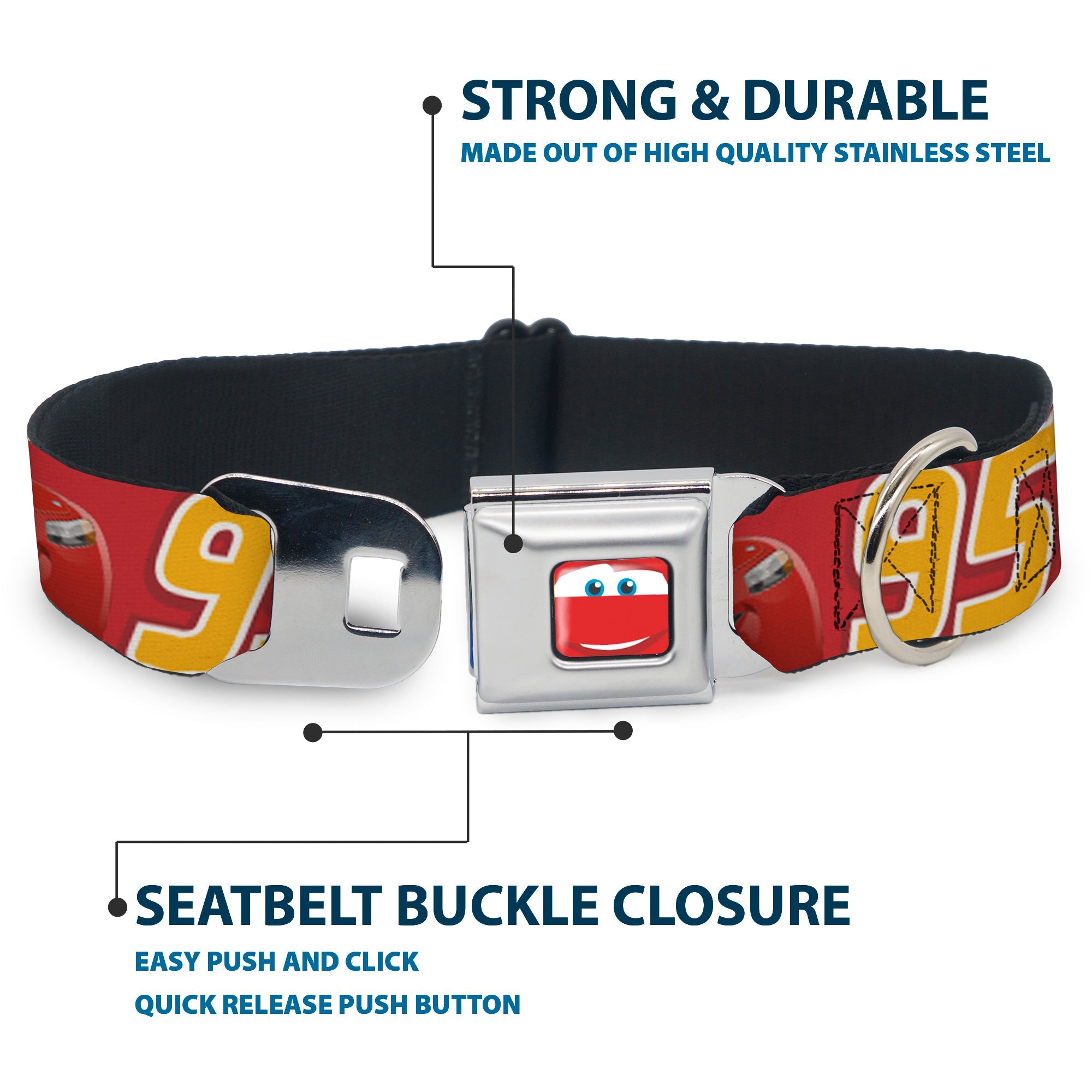 Cars Lightning McQueen Smiley Face CLOSE-UP Full Color Seatbelt Buckle Collar - Cars Lightning McQueen Smiling Pose/95 Reds/White/Orange