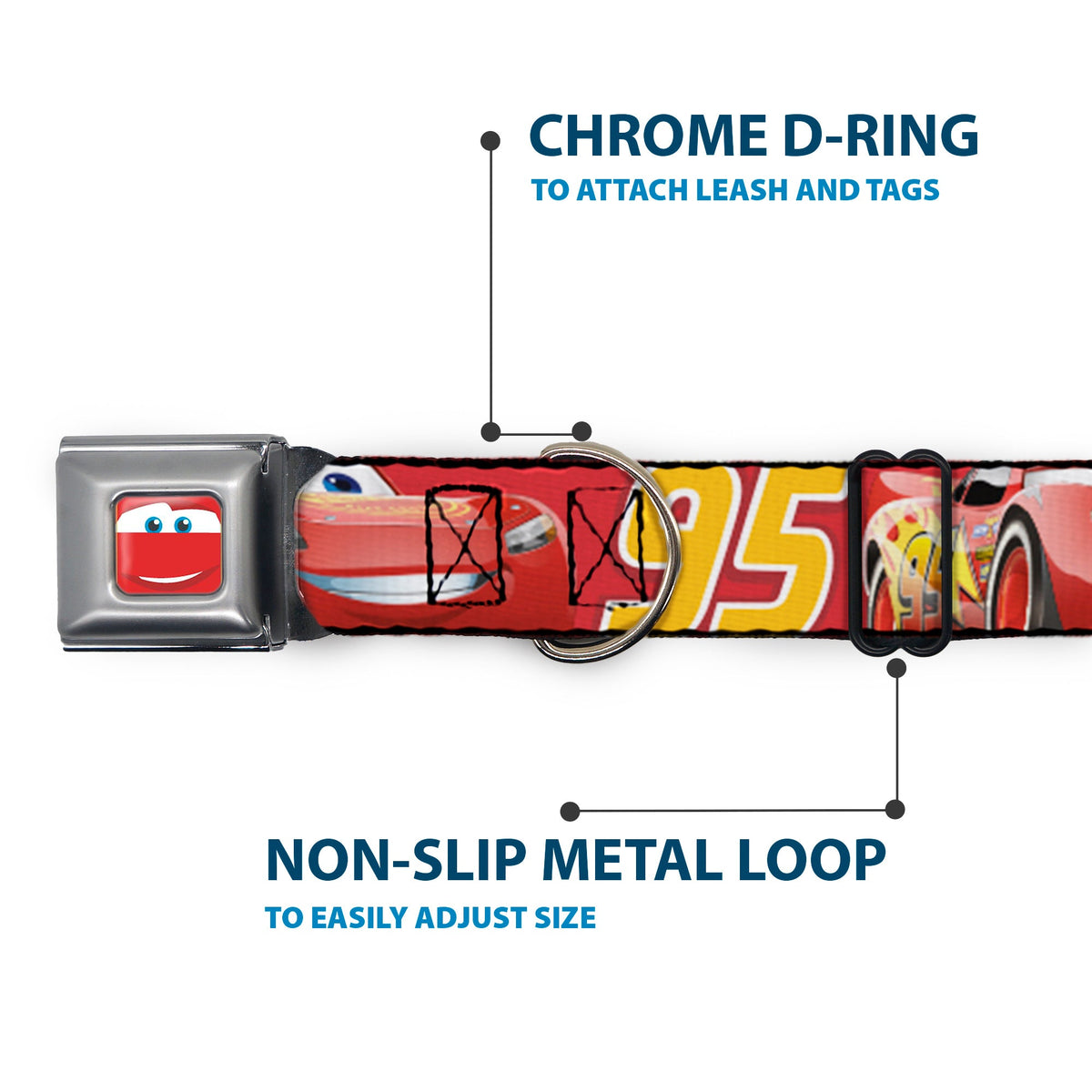 Cars Lightning McQueen Smiley Face CLOSE-UP Full Color Seatbelt Buckle Collar - Cars Lightning McQueen Smiling Pose/95 Reds/White/Orange