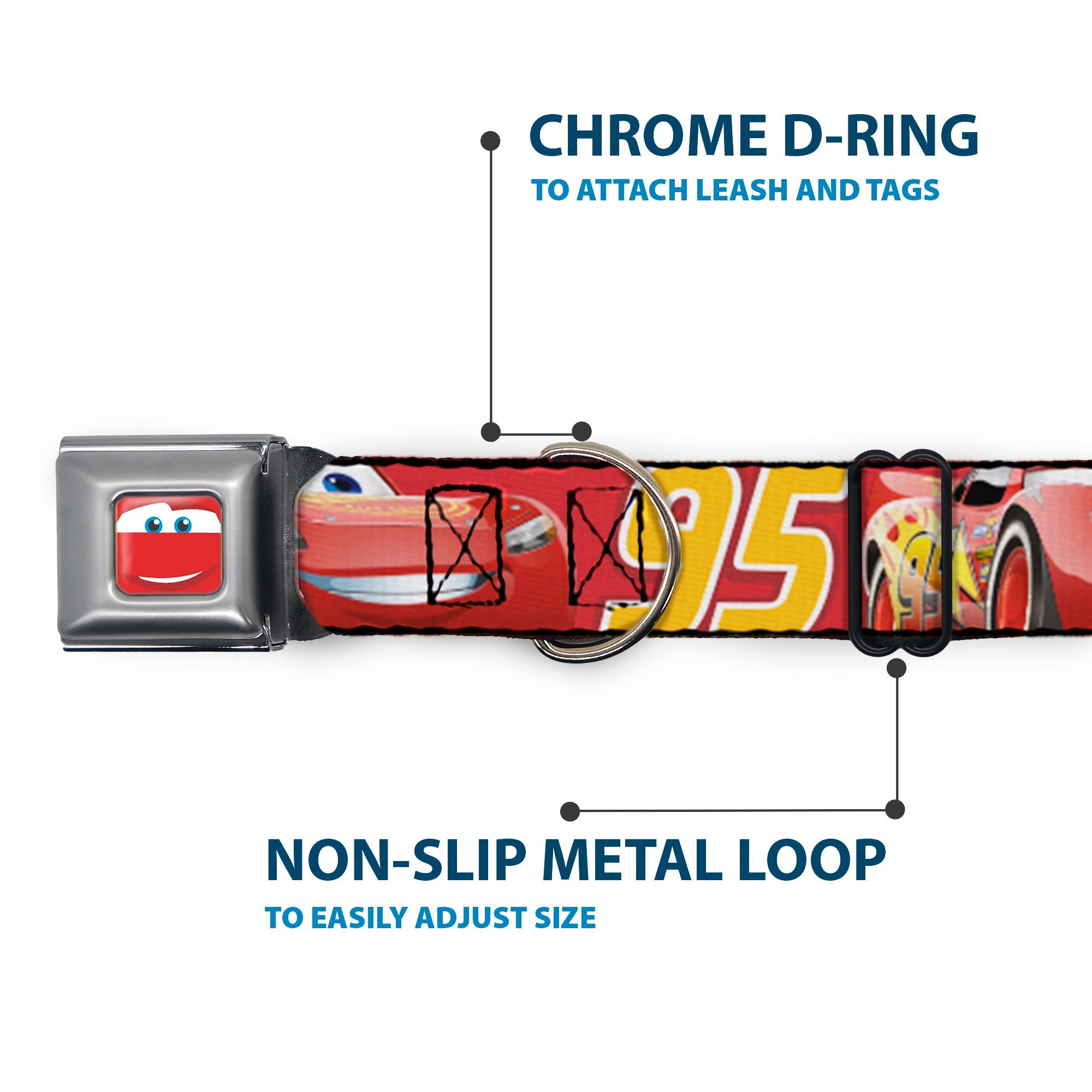 Cars Lightning McQueen Smiley Face CLOSE-UP Full Color Seatbelt Buckle Collar - Cars Lightning McQueen Smiling Pose/95 Reds/White/Orange