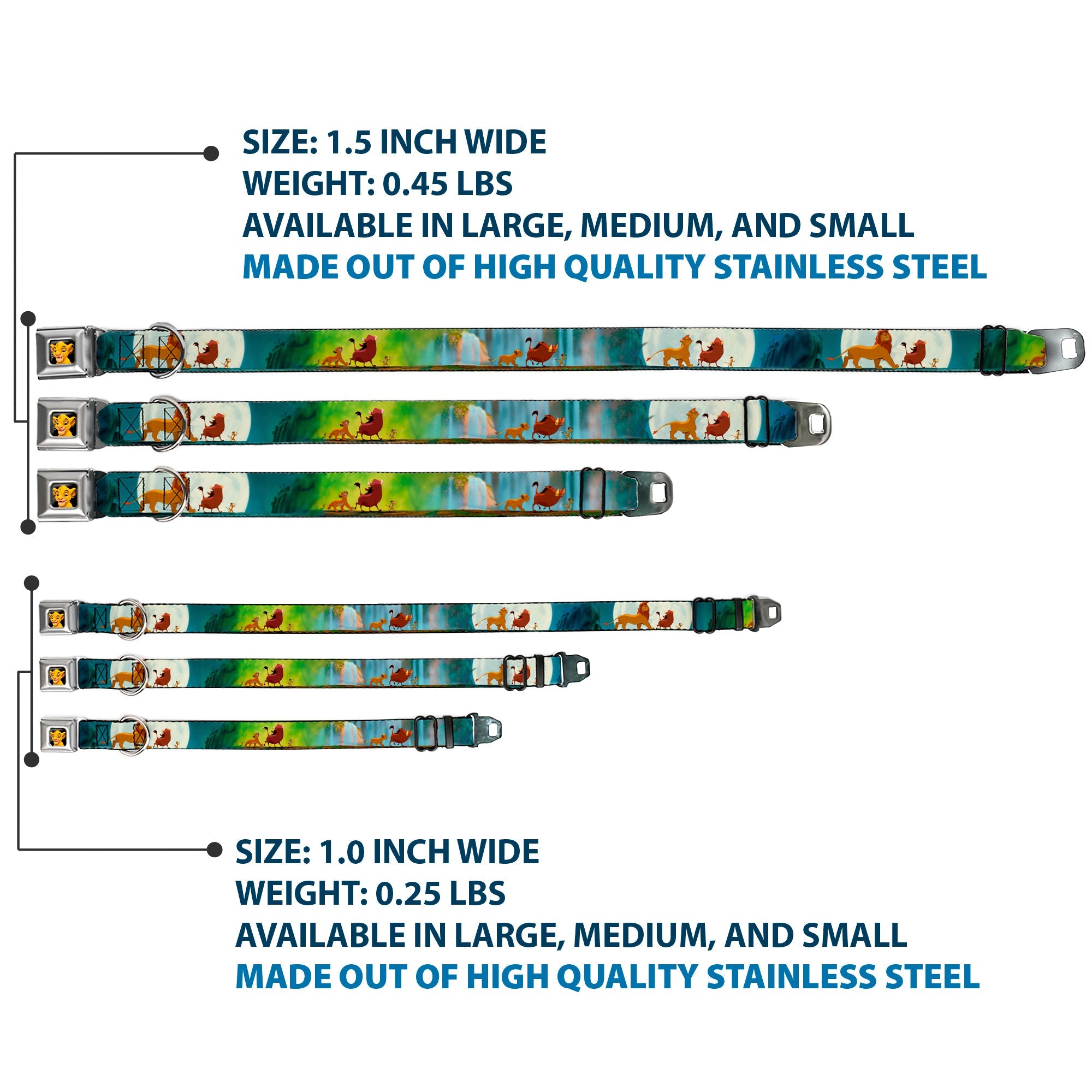 Simba2 CLOSE-UP Full Color Seatbelt Buckle Collar - Lion King Simba, Pumba & Timon Growing Up