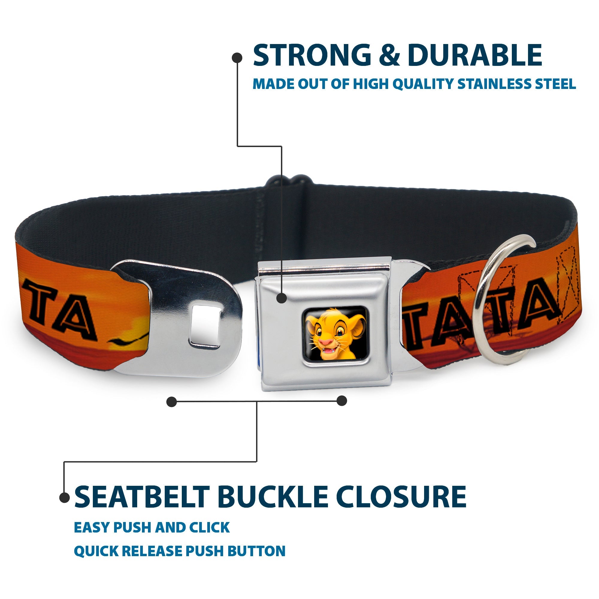 Simba2 CLOSE-UP Full Color Seatbelt Buckle Collar - Lion King HAKUNA MATATA Sunset Oranges/Black